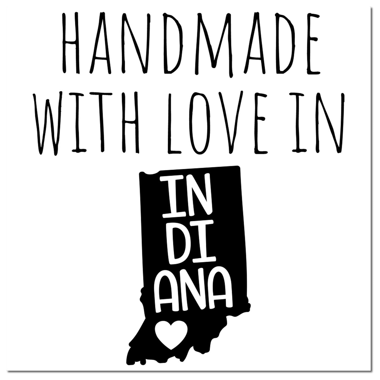 Wood Handle Indiana Handmade with Love Rubber Stamp featuring a black imprint of Indiana state with 'Handmade with Love in Indiana' text and a heart symbol.