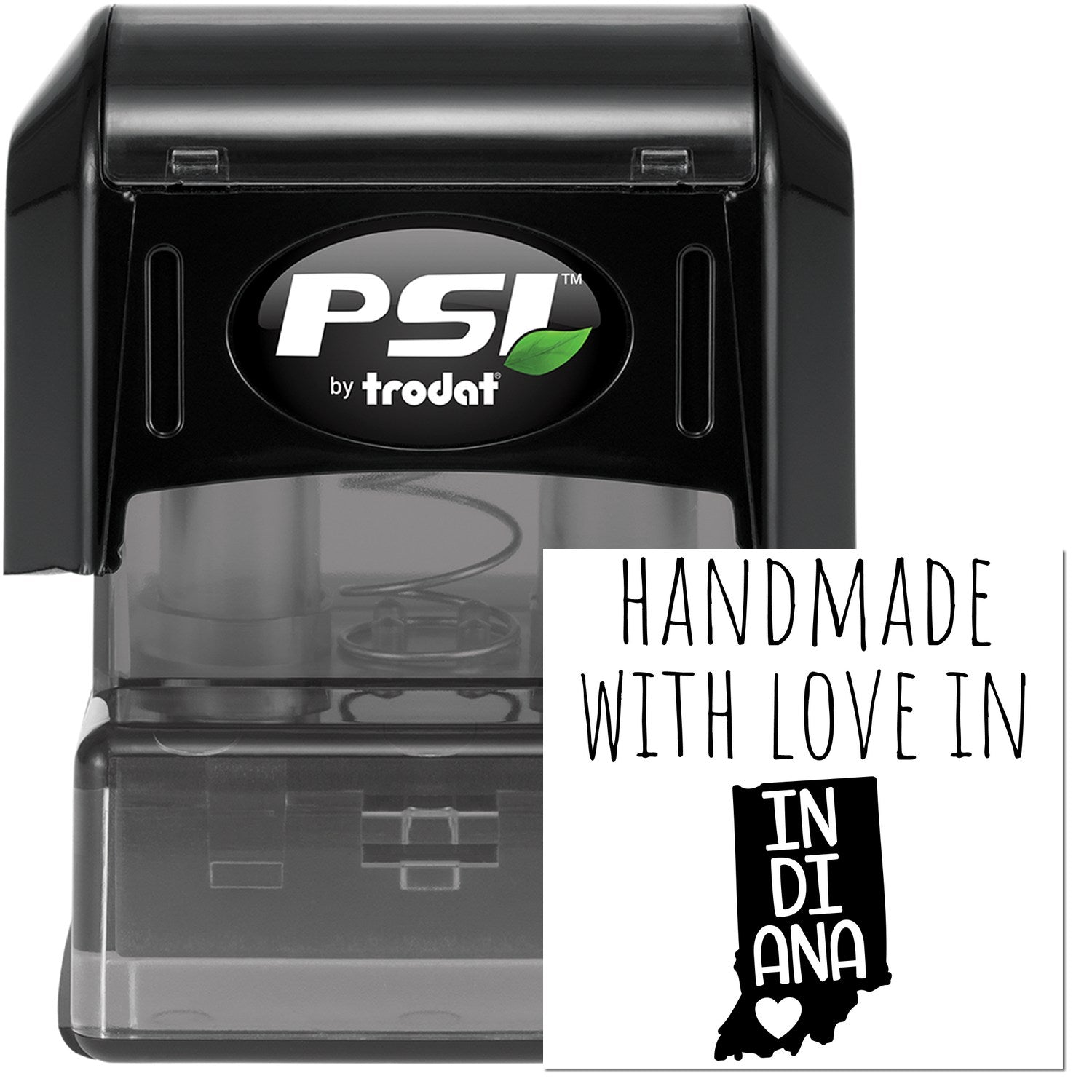 PSI Pre-Inked Handmade with Love in Indiana stamp, featuring a black casing and clear base, alongside a design of Indiana state outline with heart. Perfect for personalized stamping.