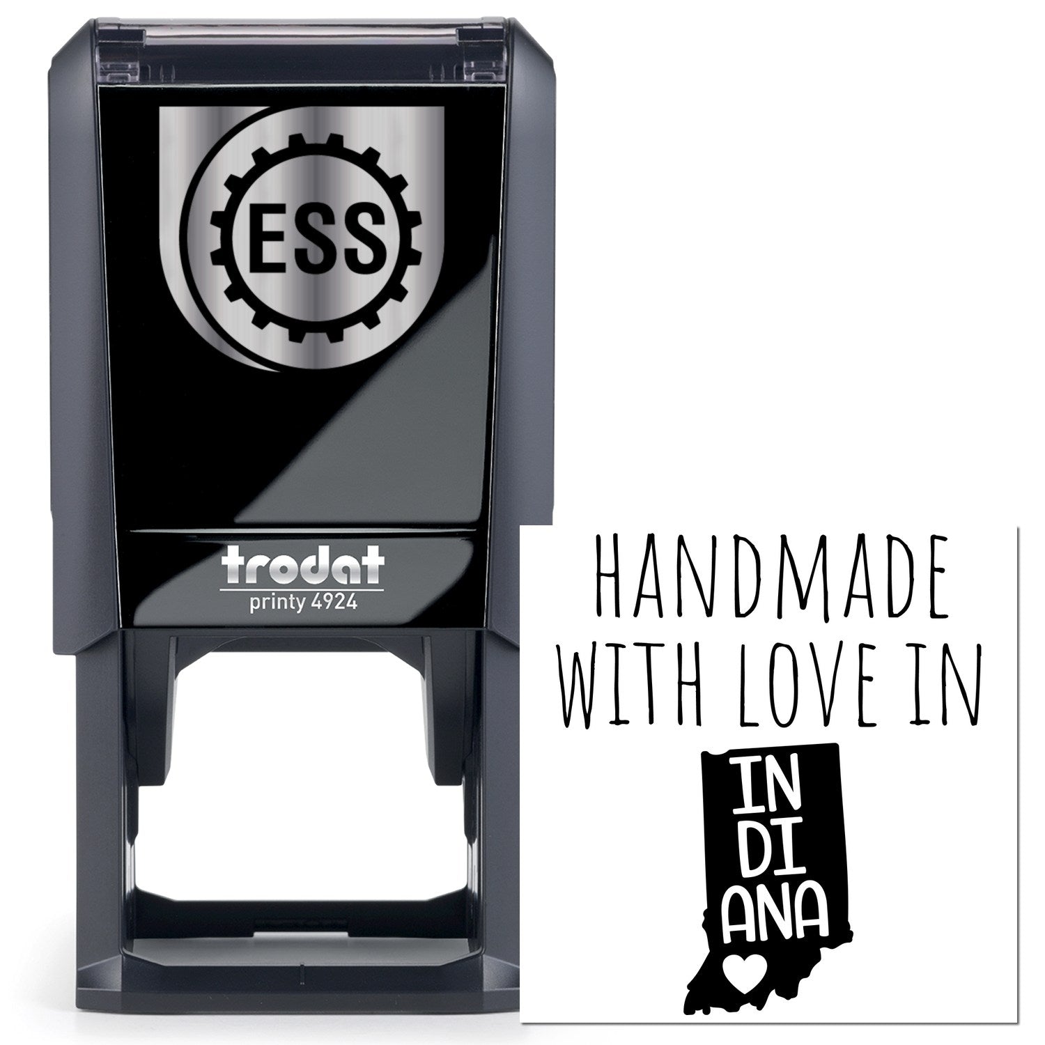 Self-Inking Indiana Handmade with Love Stamp featuring a black Trodat printy design and a Handmade with Love in Indiana imprint, perfect for crafts and personalized projects.