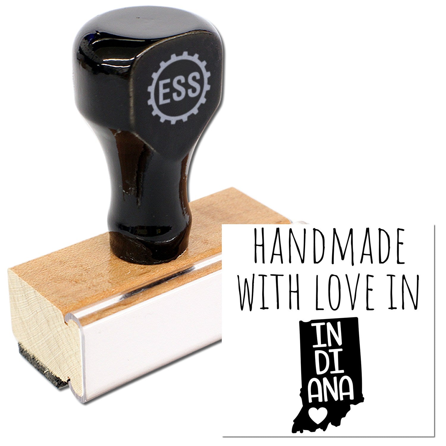 Wood Handle Indiana Handmade with Love Rubber Stamp featuring a black handle and wooden base, with 'Handmade with Love in Indiana' design. Perfect for crafts and personal projects.