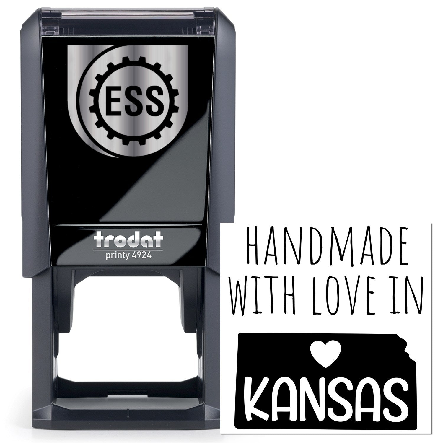 Self-Inking Kansas Handmade with Love Stamp featuring a sleek black design, ESS logo, and Handmade with Love in Kansas text. Perfect for adding a personal touch to crafts and gifts.