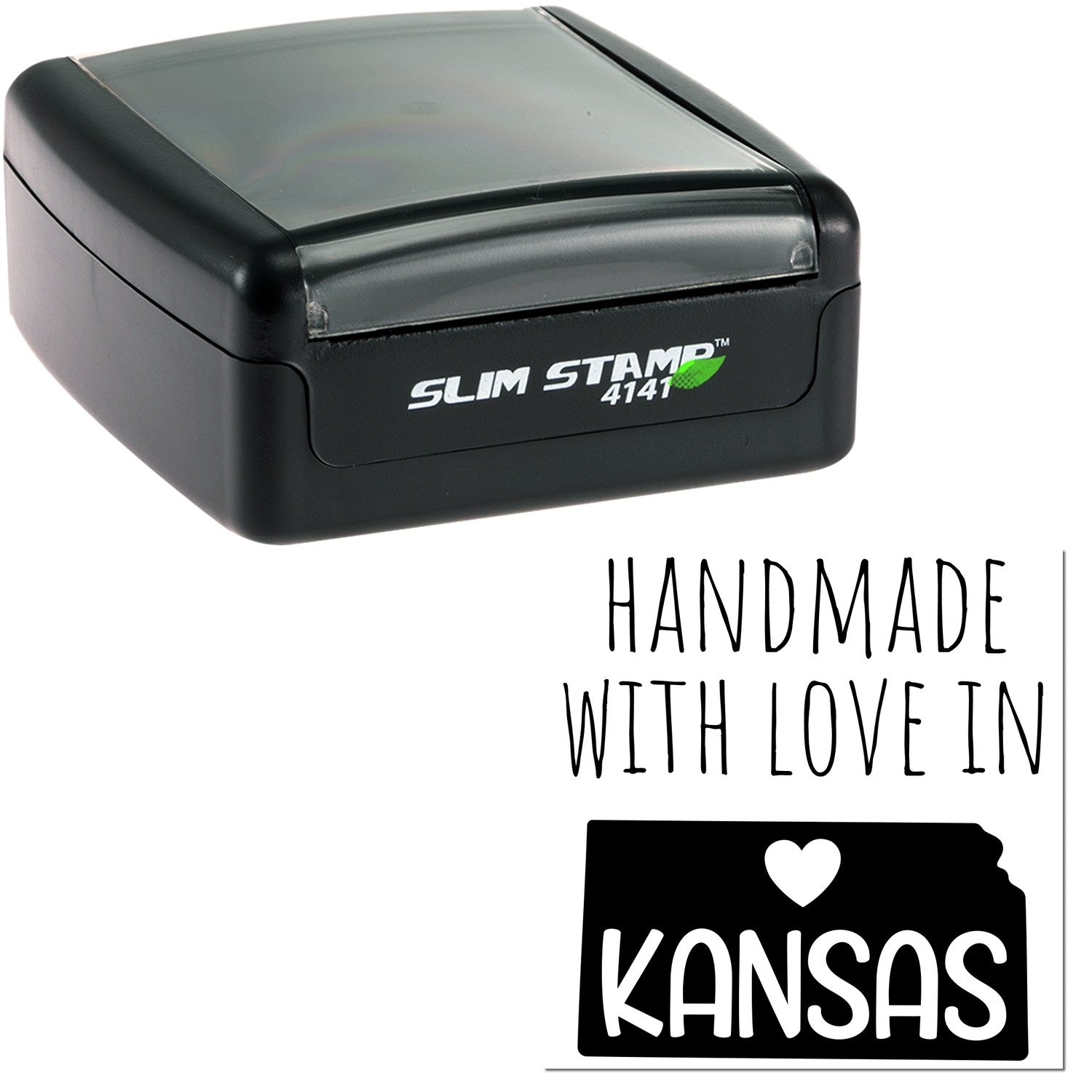 Handmade with Love in Kansas Slim Pre-Inked Stamp, featuring a sleek black design with Slim Stamp 4141 branding, perfect for crafting and personalizing projects.