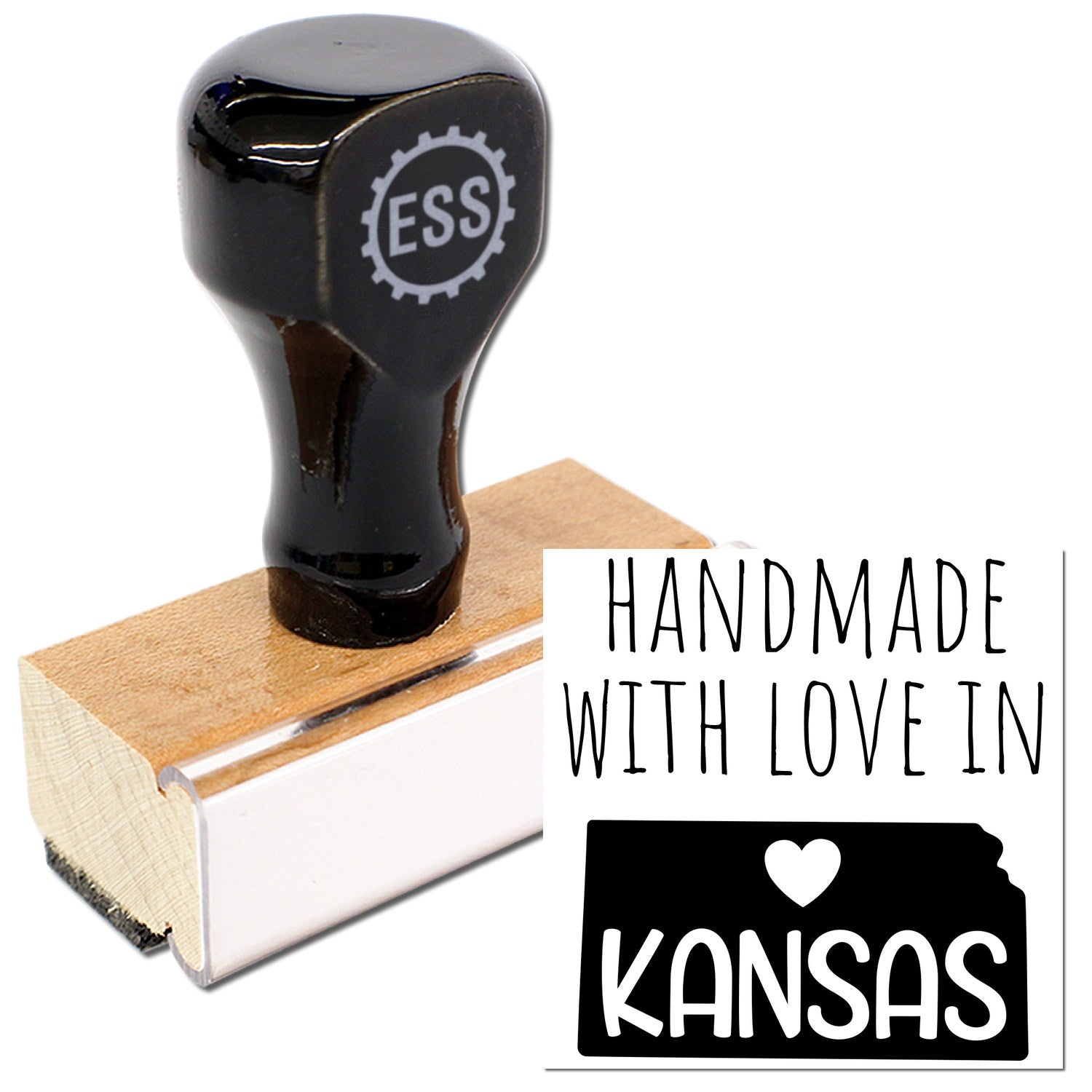 Wood Handle Kansas Handmade with Love Rubber Stamp featuring a sleek black top and natural wood base, showcasing Handmade with Love in Kansas design. Perfect for crafts and personal projects.