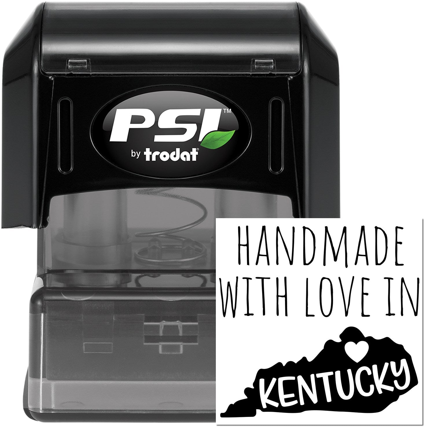 PSI Pre-Inked Stamp, Handmade with Love in Kentucky, features a sleek black design with clear imprint area, showcasing quality craftsmanship. Perfect for personalized stamping needs.