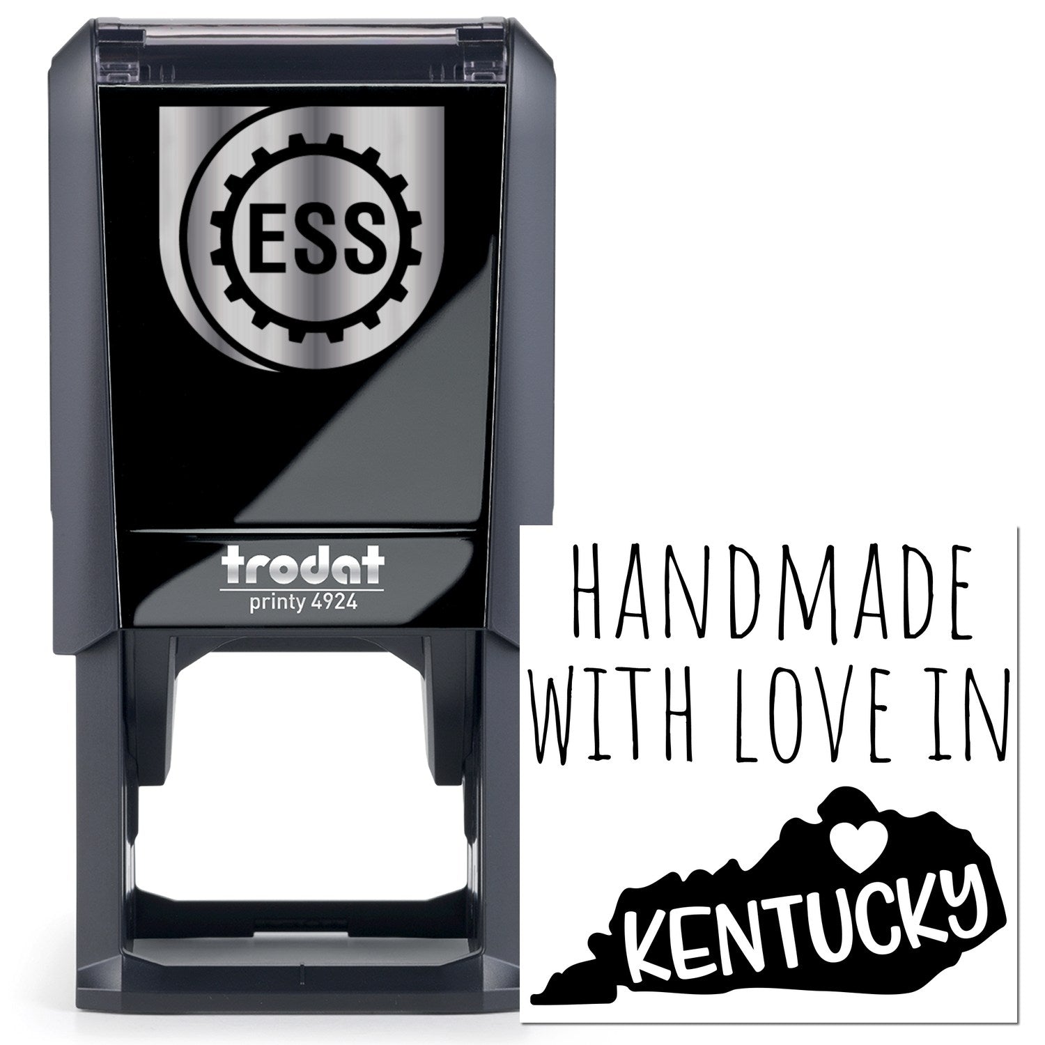 Self-Inking Kentucky Handmade with Love Stamp featuring a sleek black design, ESS logo, and Handmade with Love in Kentucky text. Perfect for adding a personal touch to crafts and gifts.