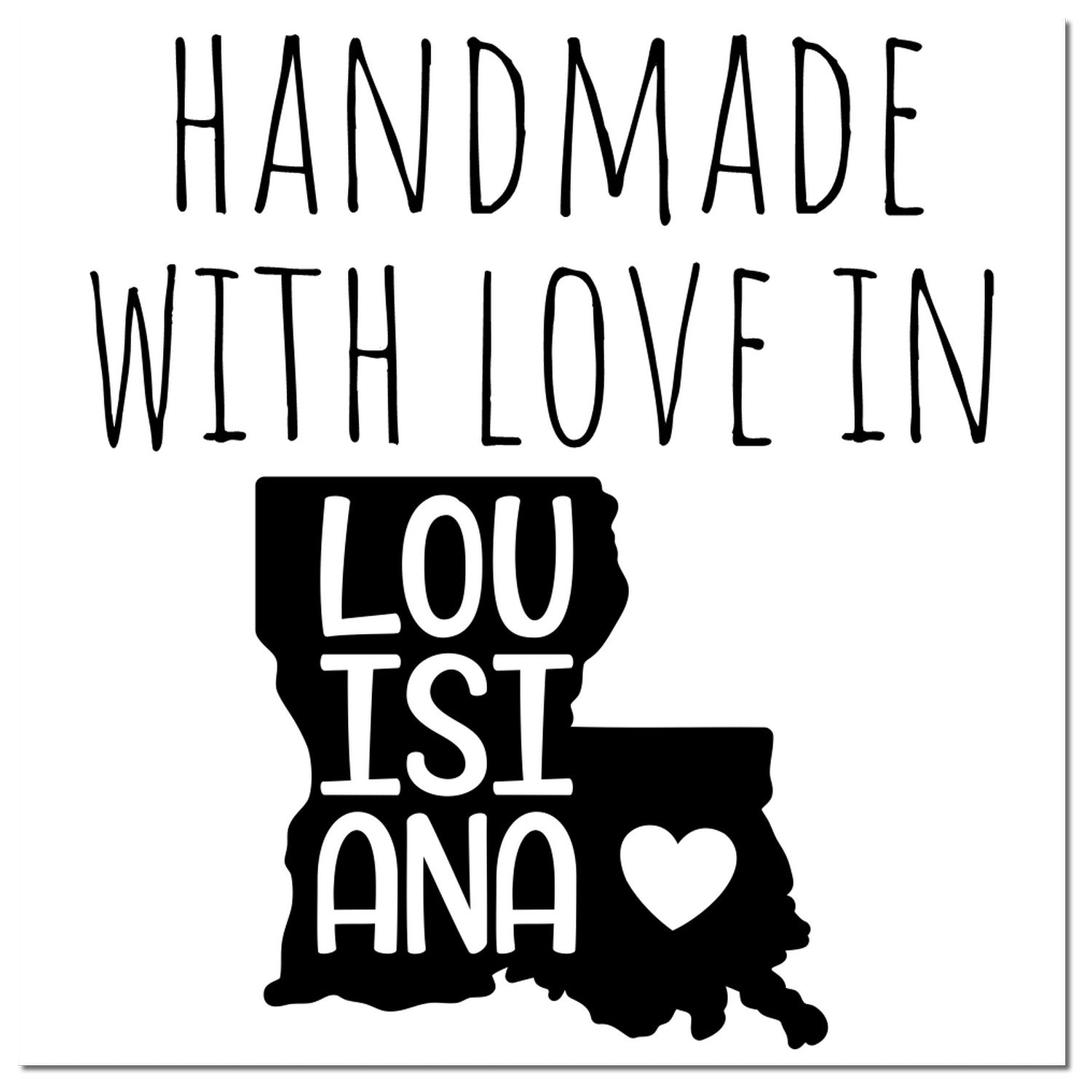 Self-Inking Louisiana Handmade with Love Stamp featuring a black silhouette of Louisiana with Handmade with Love text and a heart. Perfect for crafts and gifts.