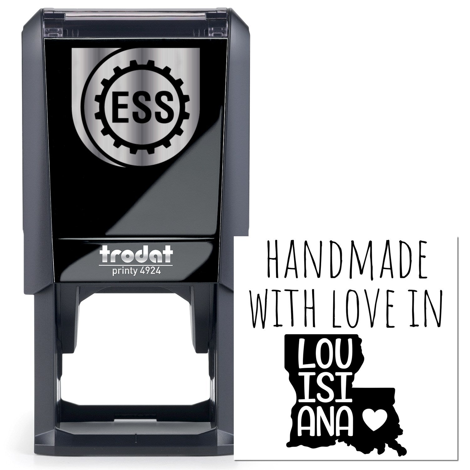 Self-Inking Louisiana Handmade with Love Stamp featuring a black casing and a design of Louisiana with a heart, perfect for adding a personal touch to crafts and gifts.