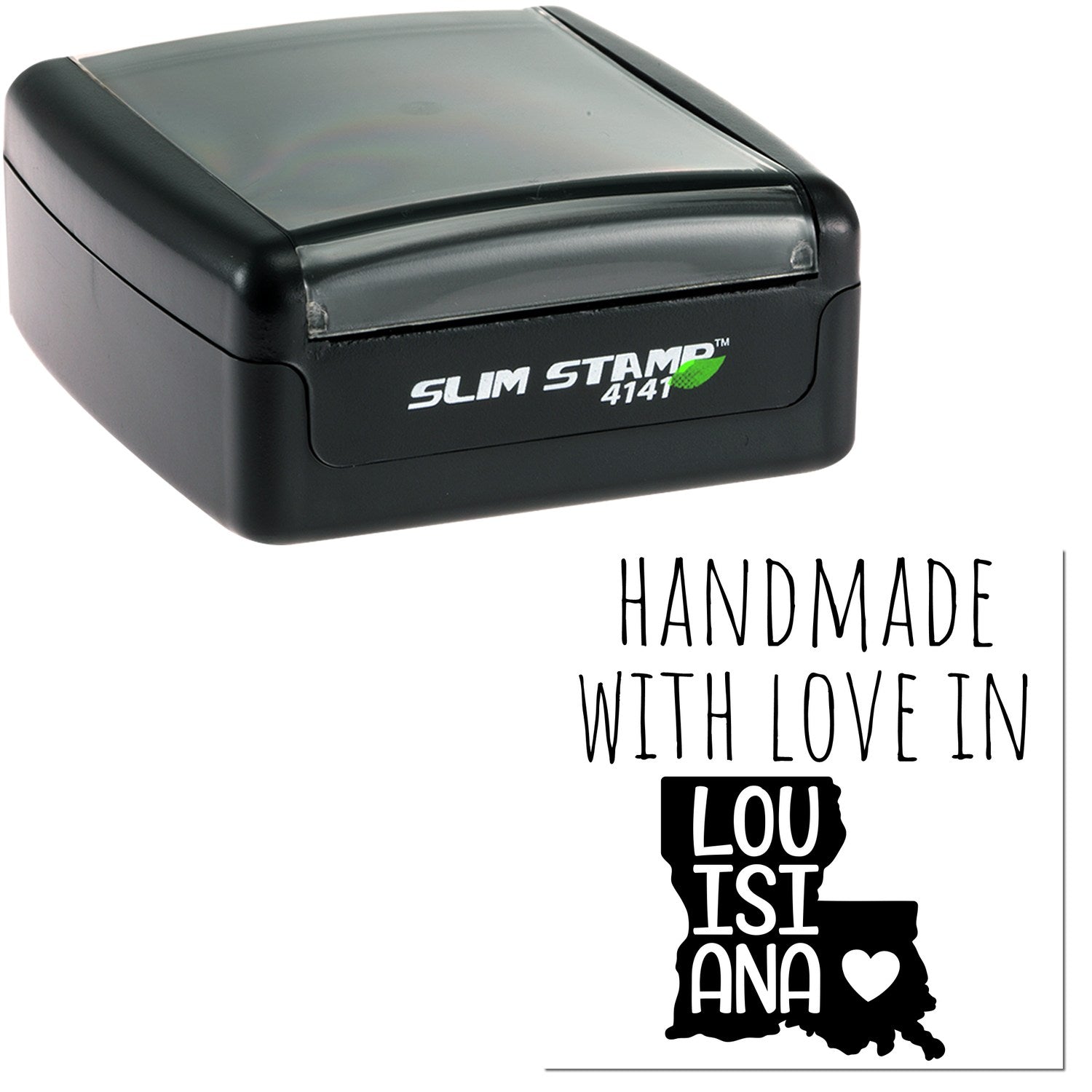 Handmade with Love in Louisiana Slim Pre-Inked Stamp, featuring a sleek black design with 'Slim Stamp 4141' branding, and a Louisiana map graphic with a heart.