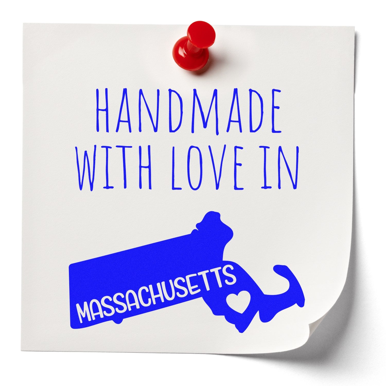 Self-Inking Massachusetts Handmade with Love Stamp featuring a blue silhouette of Massachusetts with text on a white sticky note, pinned with a red pushpin. Perfect for crafts and gifts.