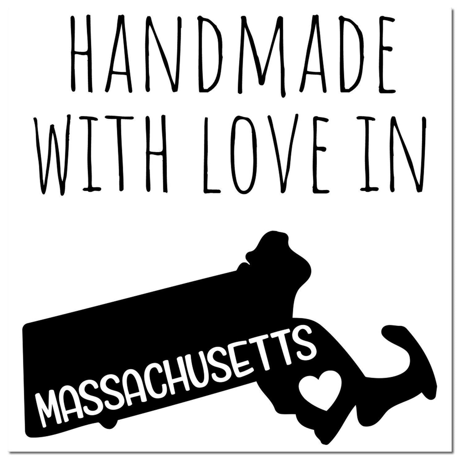 PSI Pre-Inked Handmade with Love in Massachusetts stamp featuring a black silhouette of Massachusetts with a heart, emphasizing craftsmanship and local pride.