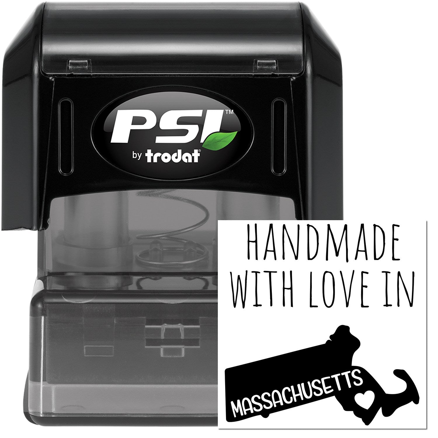 PSI Pre-Inked Handmade with Love in Massachusetts stamp, featuring a black casing and a design highlighting Massachusetts with a heart. Perfect for personalized stamping needs.