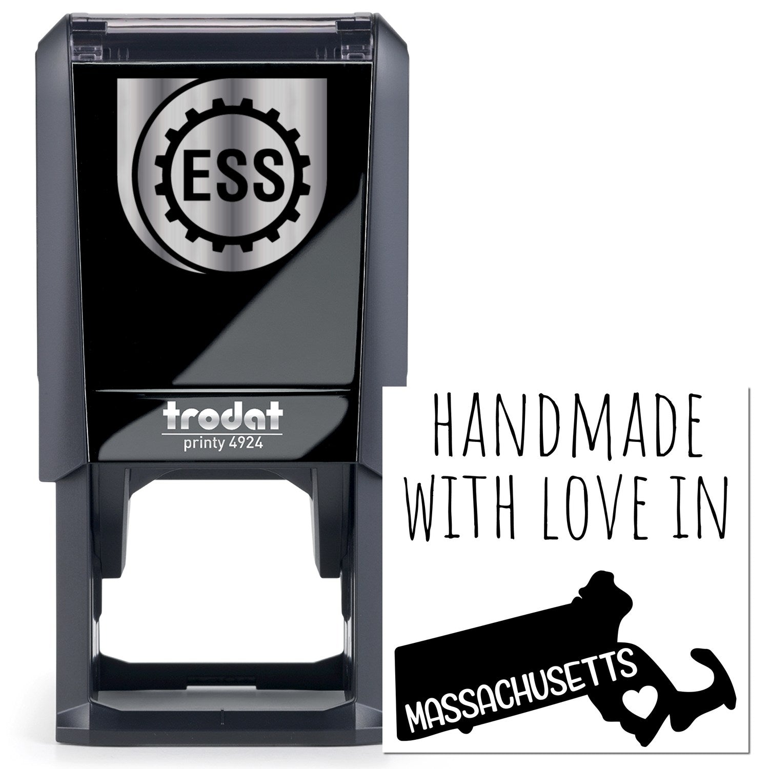 Self-Inking Massachusetts Handmade with Love Stamp featuring a sleek black design with ESS logo, perfect for adding a personal touch to crafts and gifts.