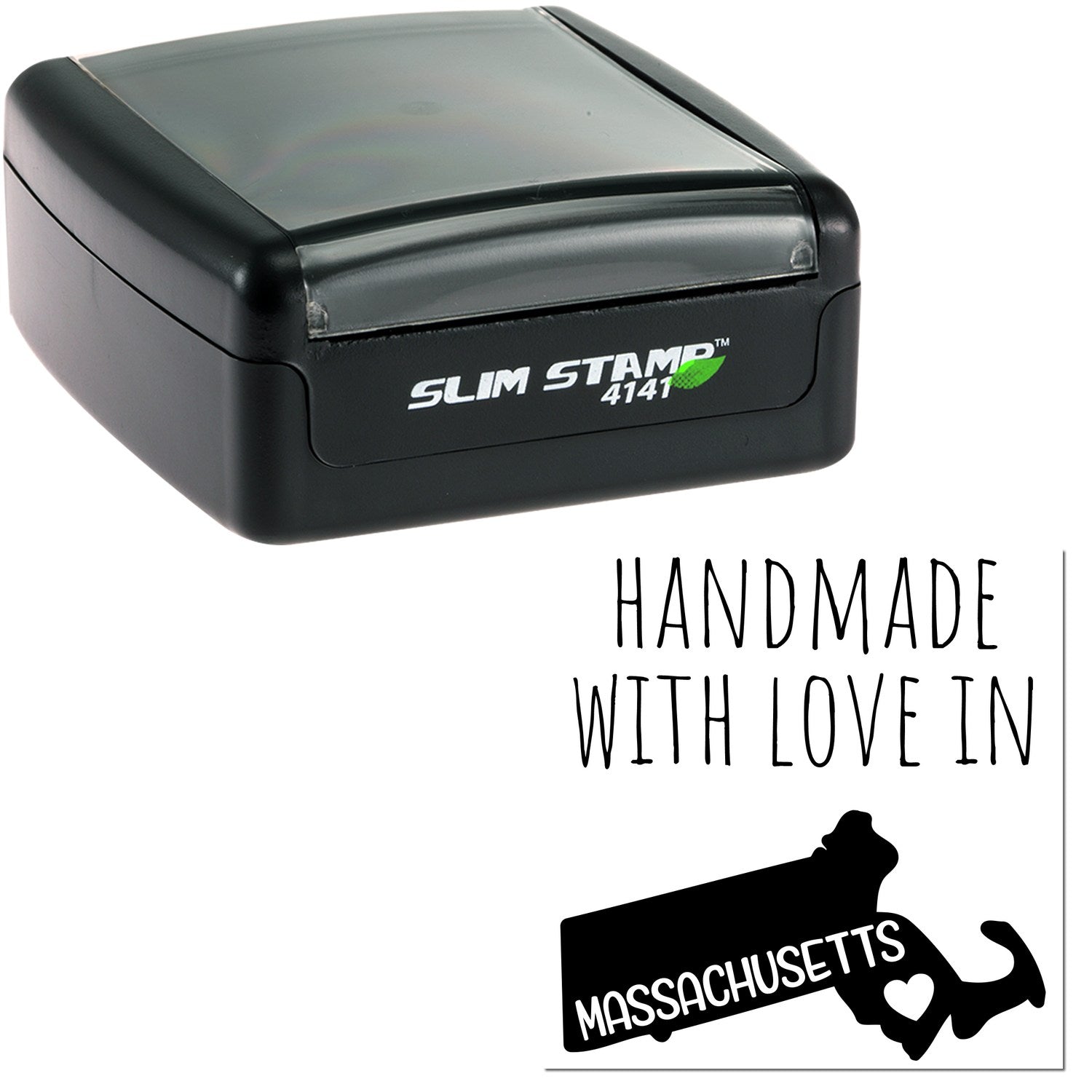 Handmade with Love in Massachusetts Slim Pre-Inked Stamp, black casing, compact design, featuring Massachusetts silhouette with heart. Ideal for personalized stamping needs.