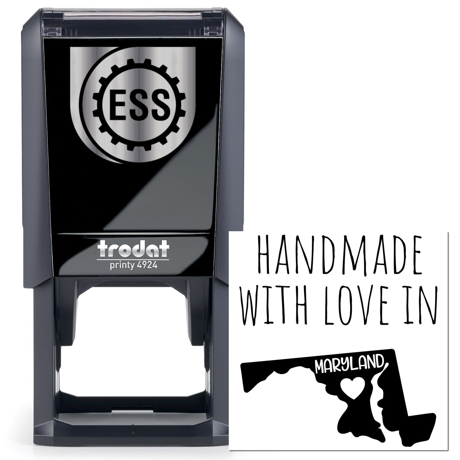 Self-Inking Maryland Handmade with Love Stamp featuring a black casing and Maryland state design with heart. Perfect for personalized crafts and gifts.