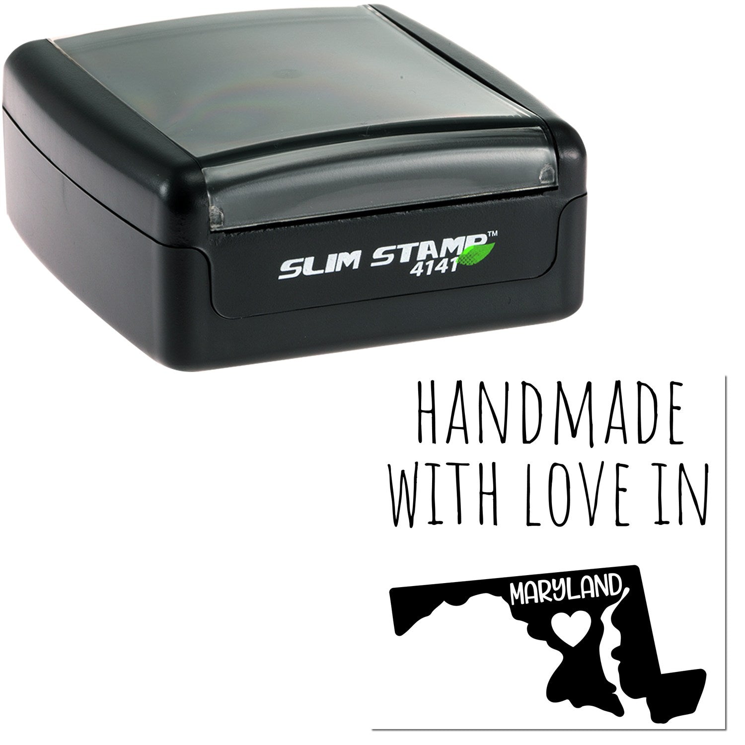 Handmade with Love in Maryland Slim Pre-Inked Stamp, featuring a sleek black design with Slim Stamp 4141 branding, perfect for personalized stamping needs.