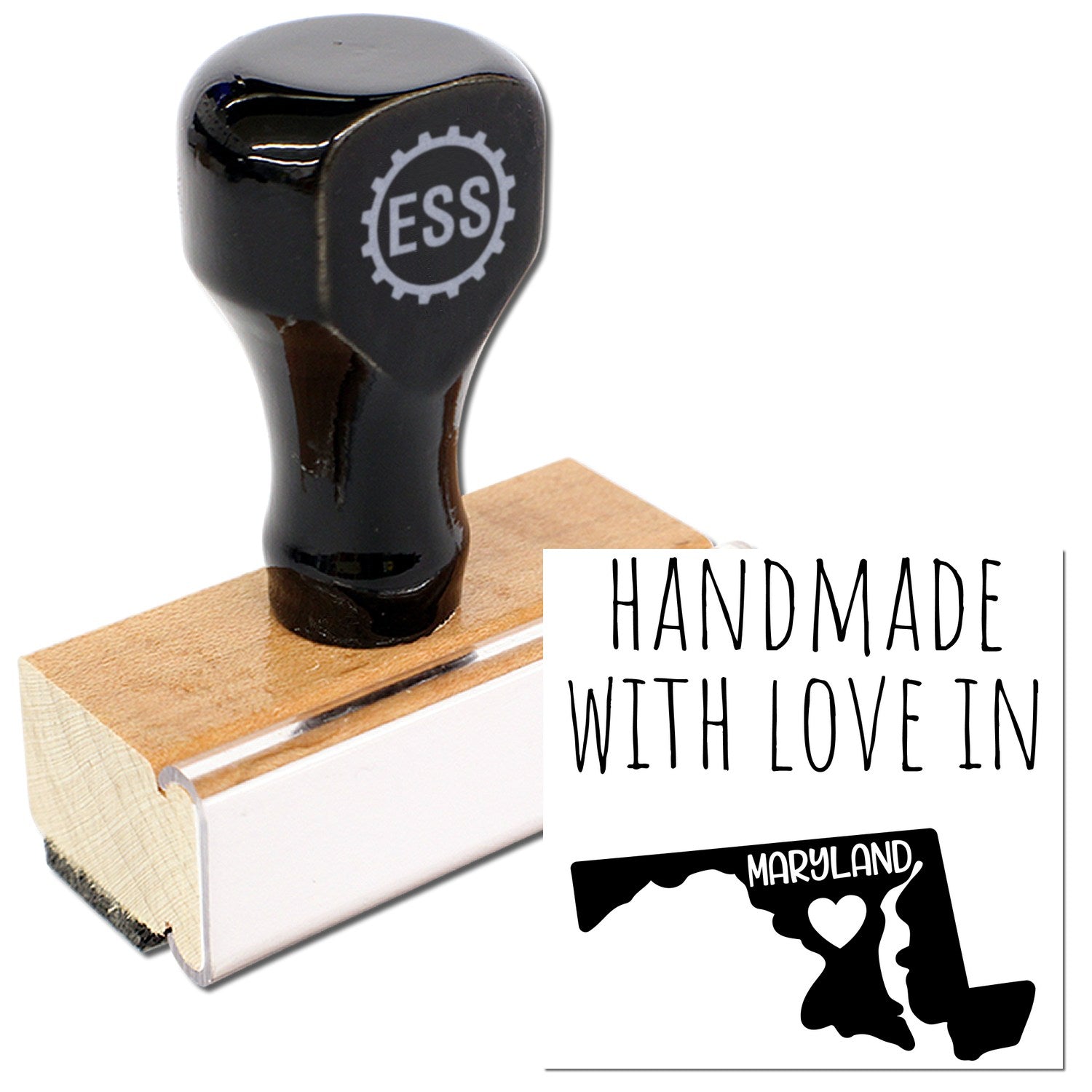 Wood Handle Maryland Handmade with Love Rubber Stamp featuring a black handle and wooden base, with a Maryland state design and 'Handmade with Love' text.