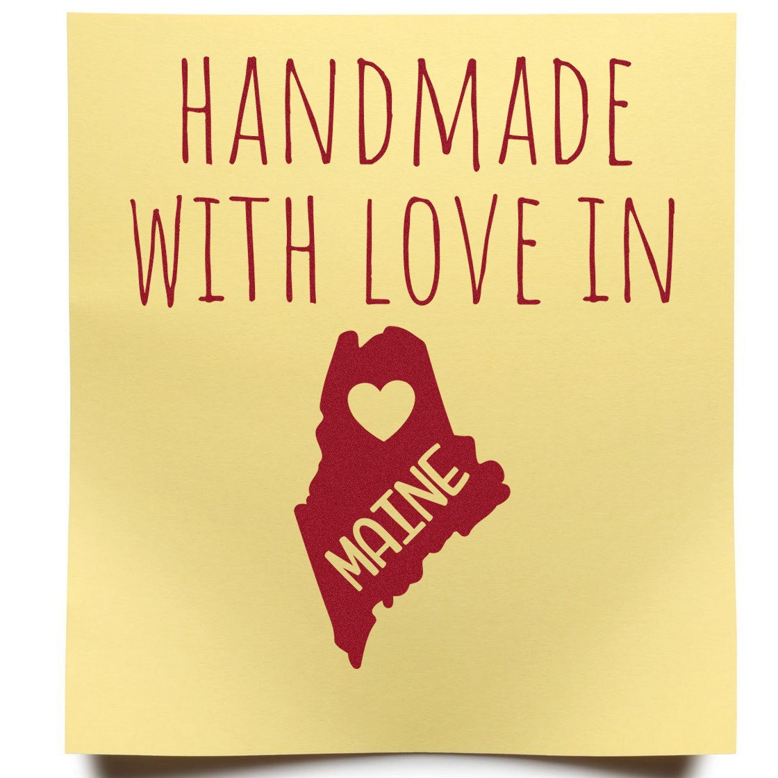 Handmade with Love in Maine Slim Pre-Inked Stamp featuring a red heart and Maine outline on a yellow background. Perfect for adding a personal touch to crafts and gifts.