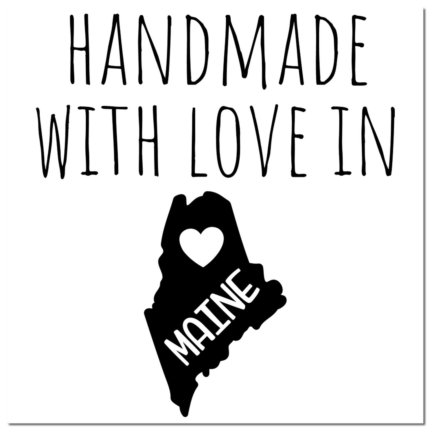 Wood Handle Maine Handmade with Love Rubber Stamp featuring a heart and the state outline of Maine. Perfect for crafts and gifts.