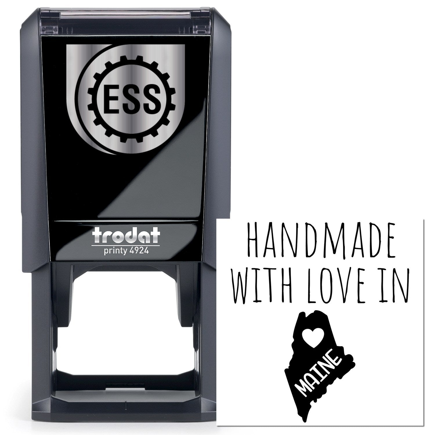 Self-Inking Maine Handmade with Love Stamp featuring a black casing and Handmade with Love in Maine design, perfect for crafts and gifts.