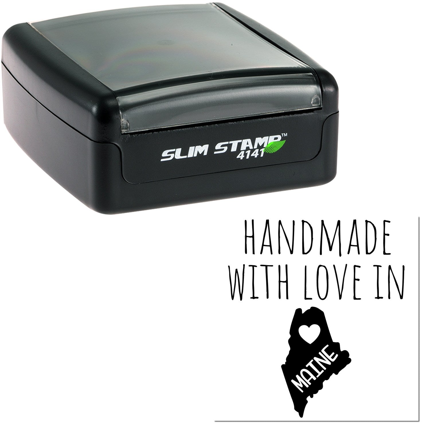 Handmade with Love in Maine Slim Pre-Inked Stamp, featuring a sleek black design with 'Slim Stamp 4141' branding and a Maine state outline with heart graphic.