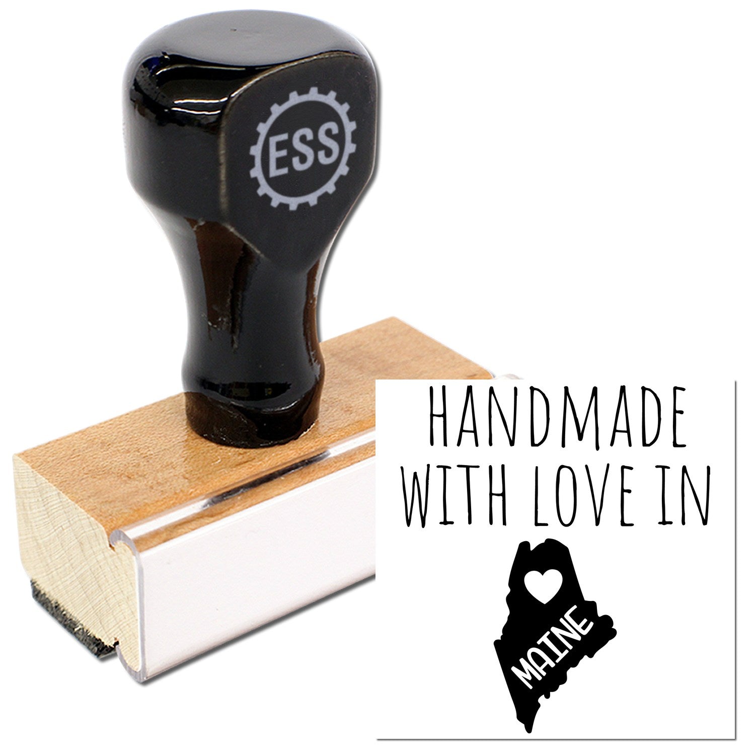 Wood Handle Maine Handmade with Love Rubber Stamp featuring a black top with 'ESS' logo, wooden base, and a design imprint of Maine with 'Handmade with Love' text.