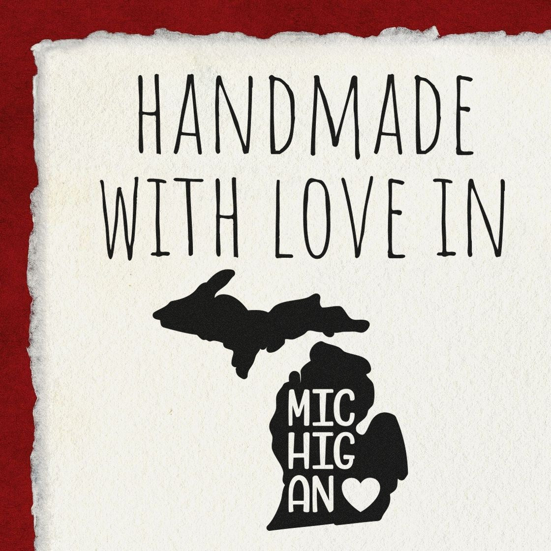 Self-Inking Michigan Handmade with Love Stamp featuring a silhouette of Michigan and the phrase Handmade with Love in Michigan on textured paper. Perfect for crafts and gifts.