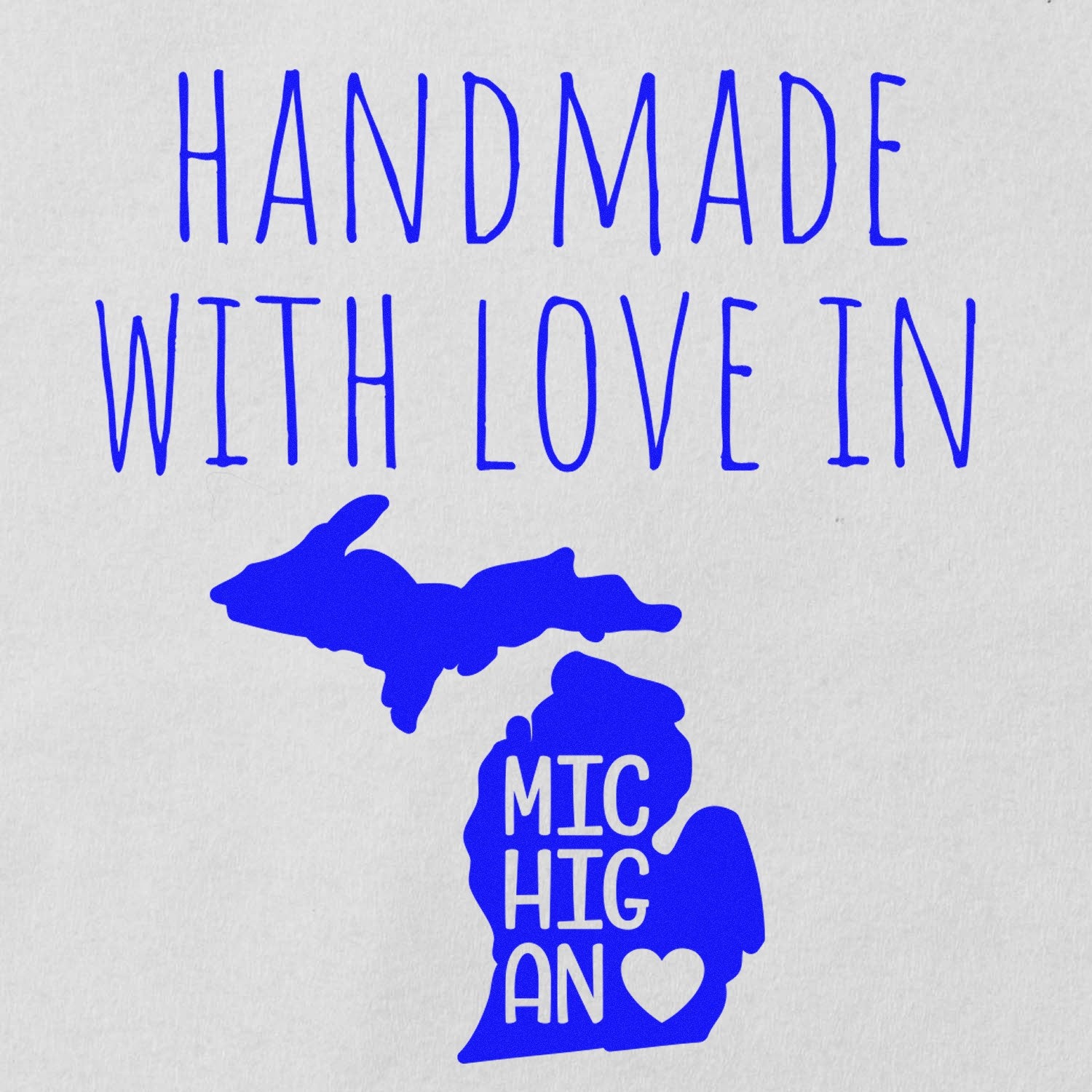 PSI Pre-Inked Handmade with Love in Michigan stamp featuring blue text and Michigan map design on a white background.