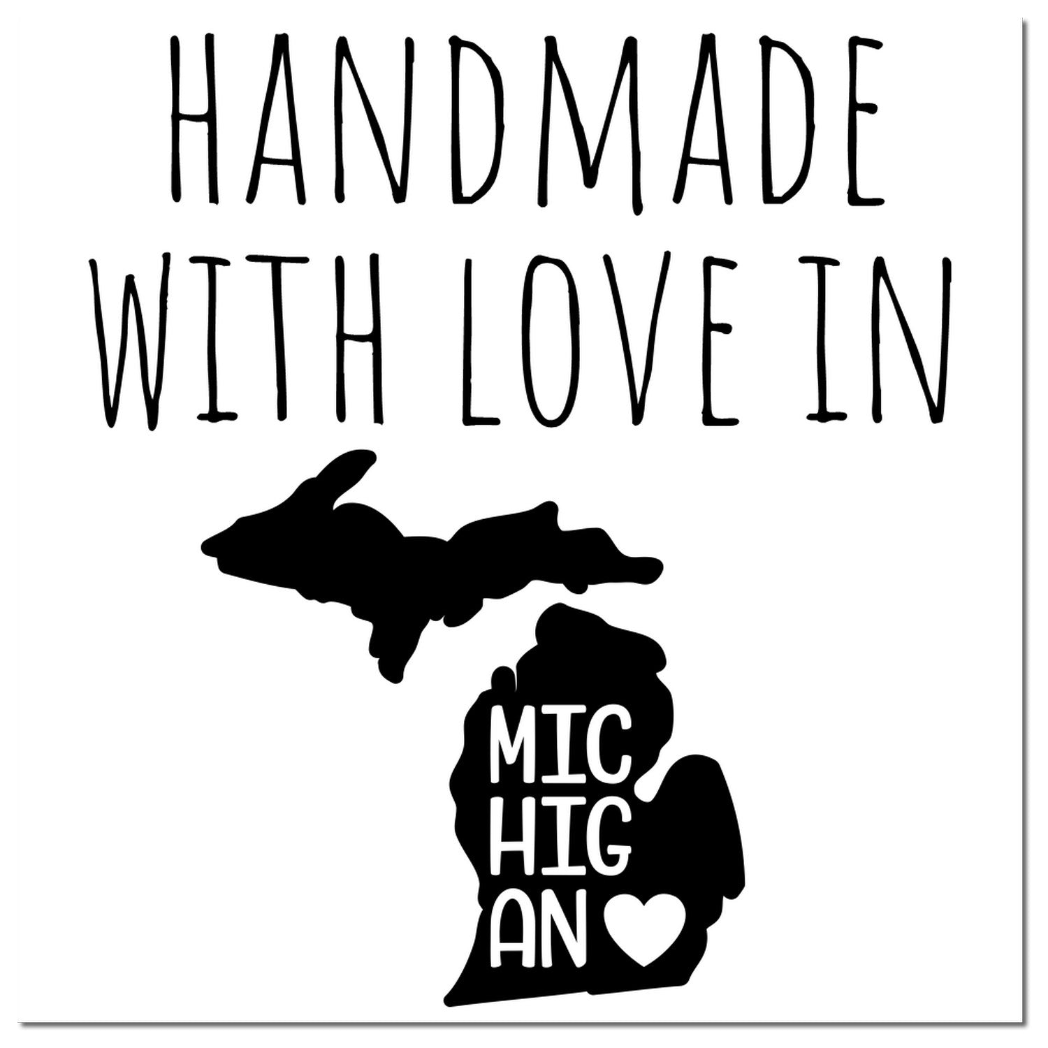 Wood Handle Michigan Handmade with Love Rubber Stamp featuring a black imprint of Michigan's shape with Handmade with Love in Michigan text. Perfect for crafts and personalized projects.