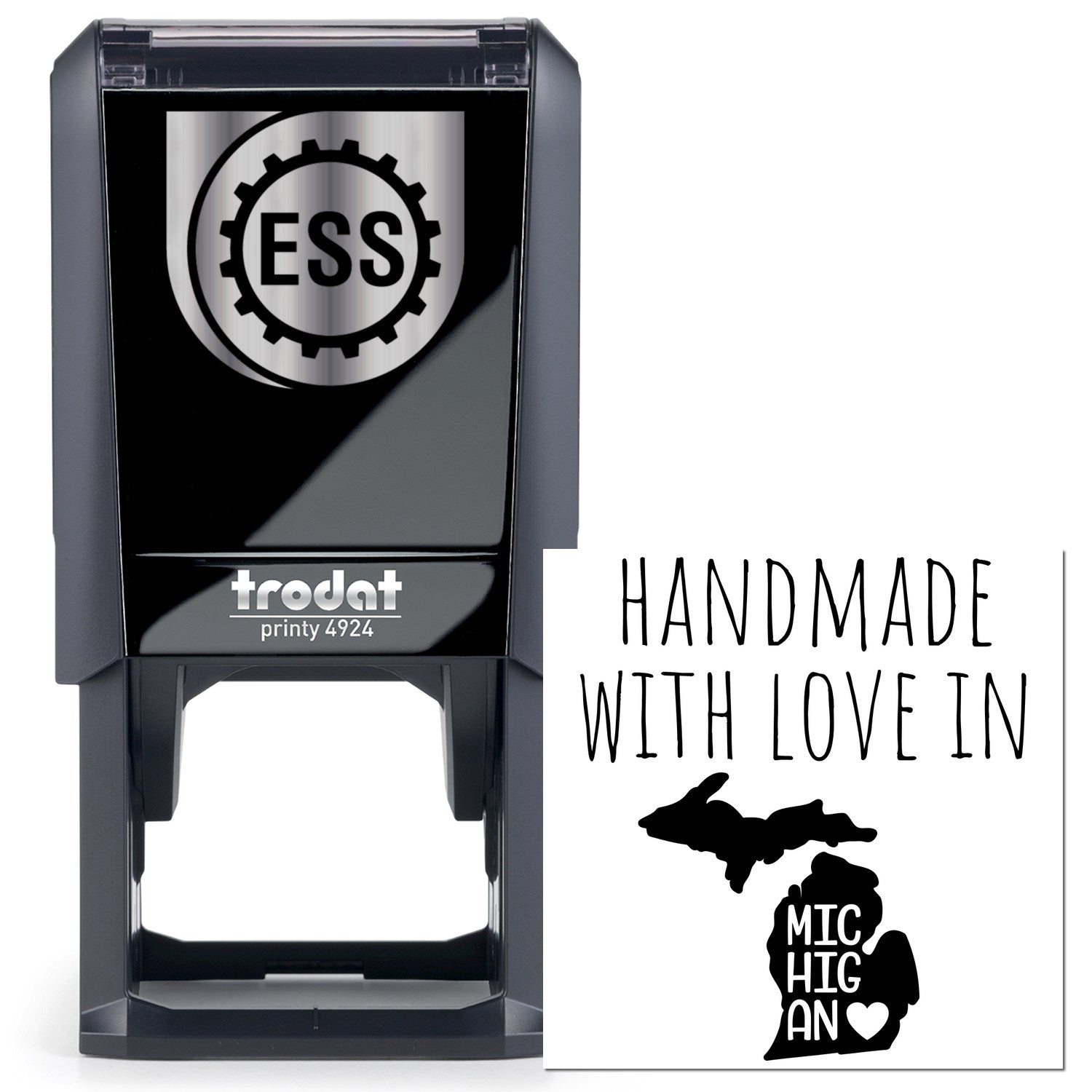 Self-Inking Michigan Handmade with Love Stamp featuring a sleek black design and Handmade with Love in Michigan text, perfect for crafts and gifts.