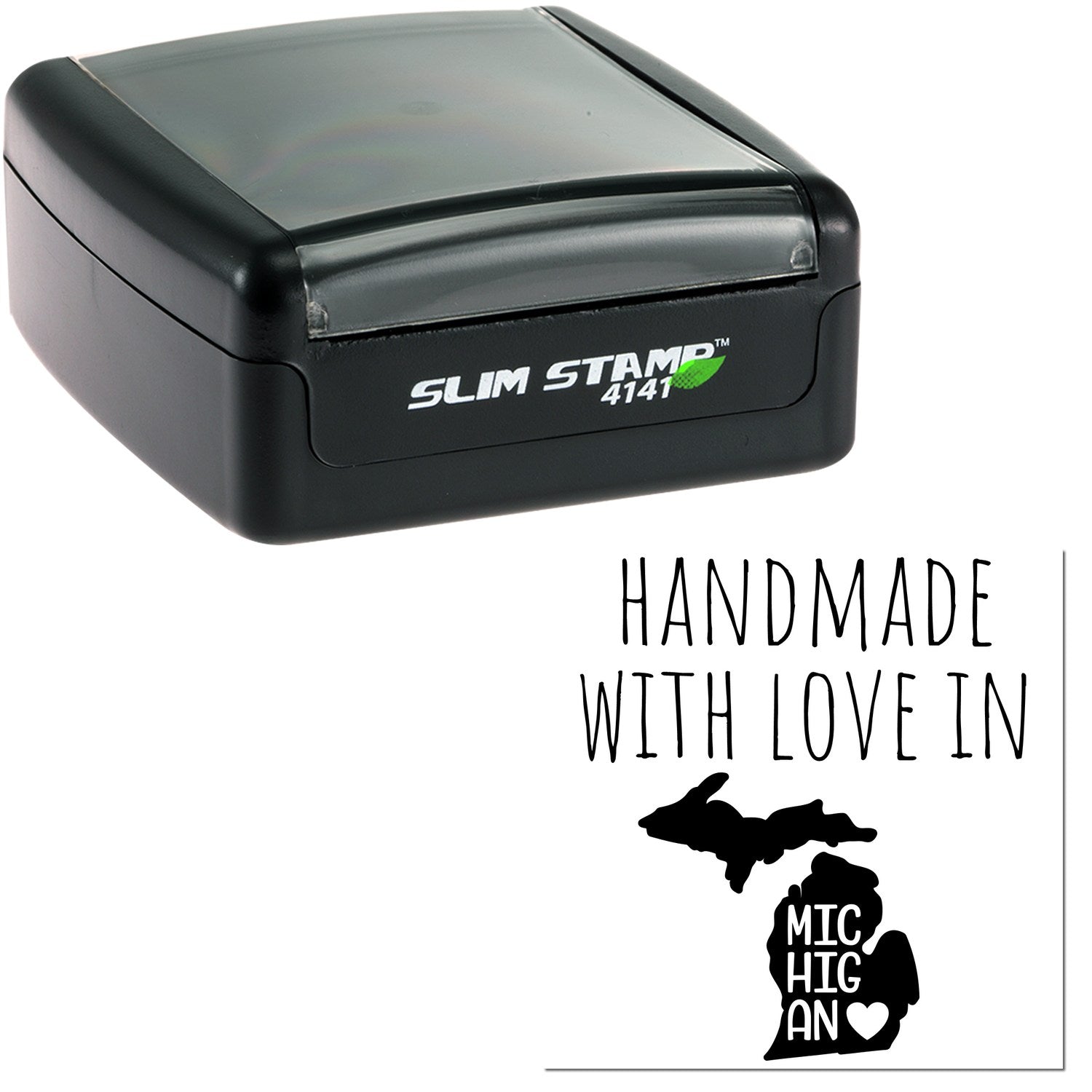 Handmade with Love in Michigan Slim Pre-Inked Stamp, black casing, compact design, featuring 'Slim Stamp 4141' logo and Michigan map with heart graphic.