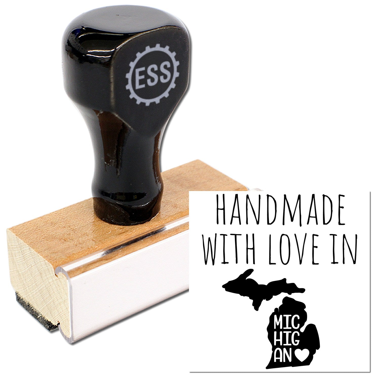 Wood Handle Michigan Handmade with Love Rubber Stamp featuring a black handle and wooden base, showcasing Handmade with Love in Michigan text and state outline. Perfect for crafts and gifts.