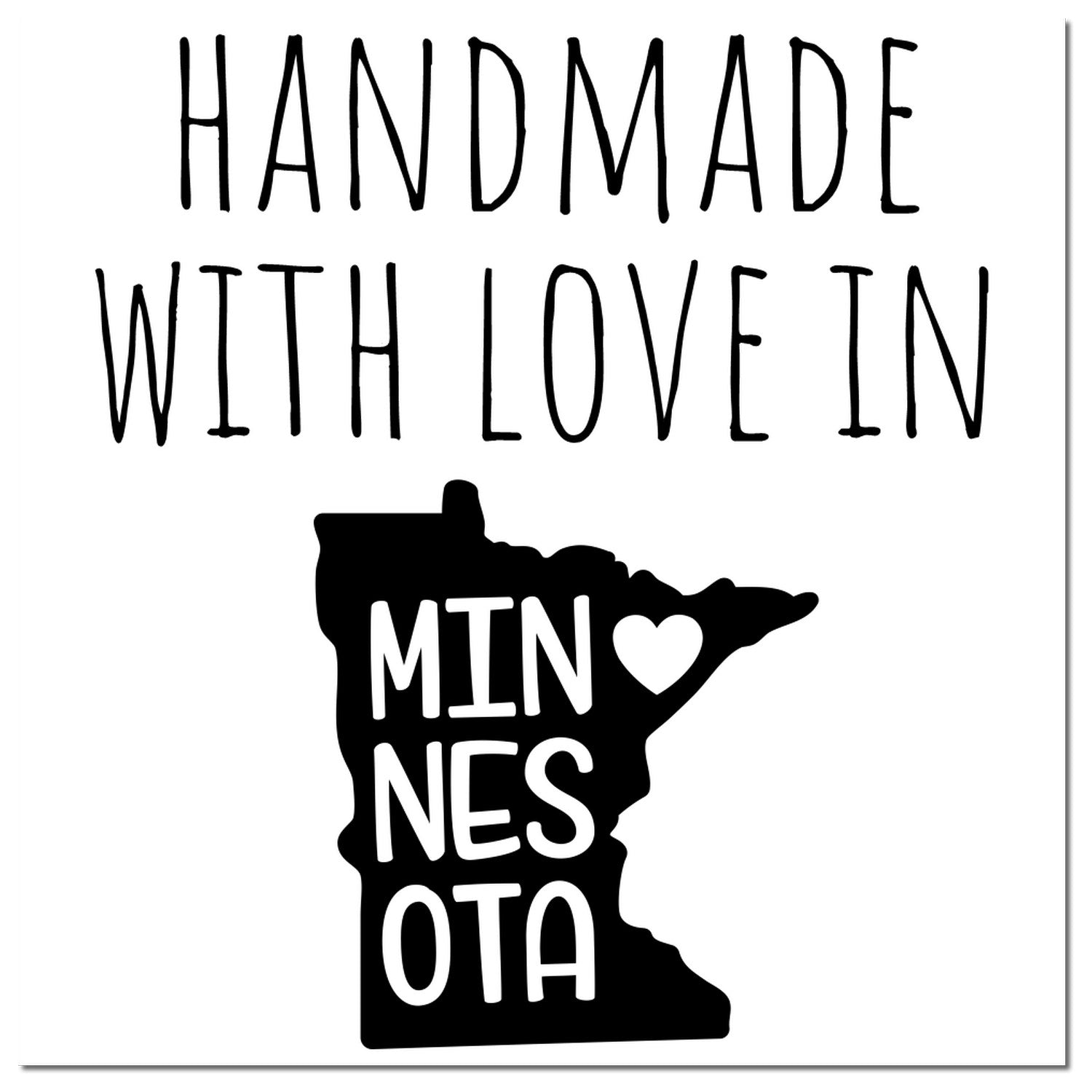 Wood Handle Minnesota Handmade with Love Rubber Stamp featuring a heart and state outline design, perfect for crafts and gifts. Black imprint on white background.