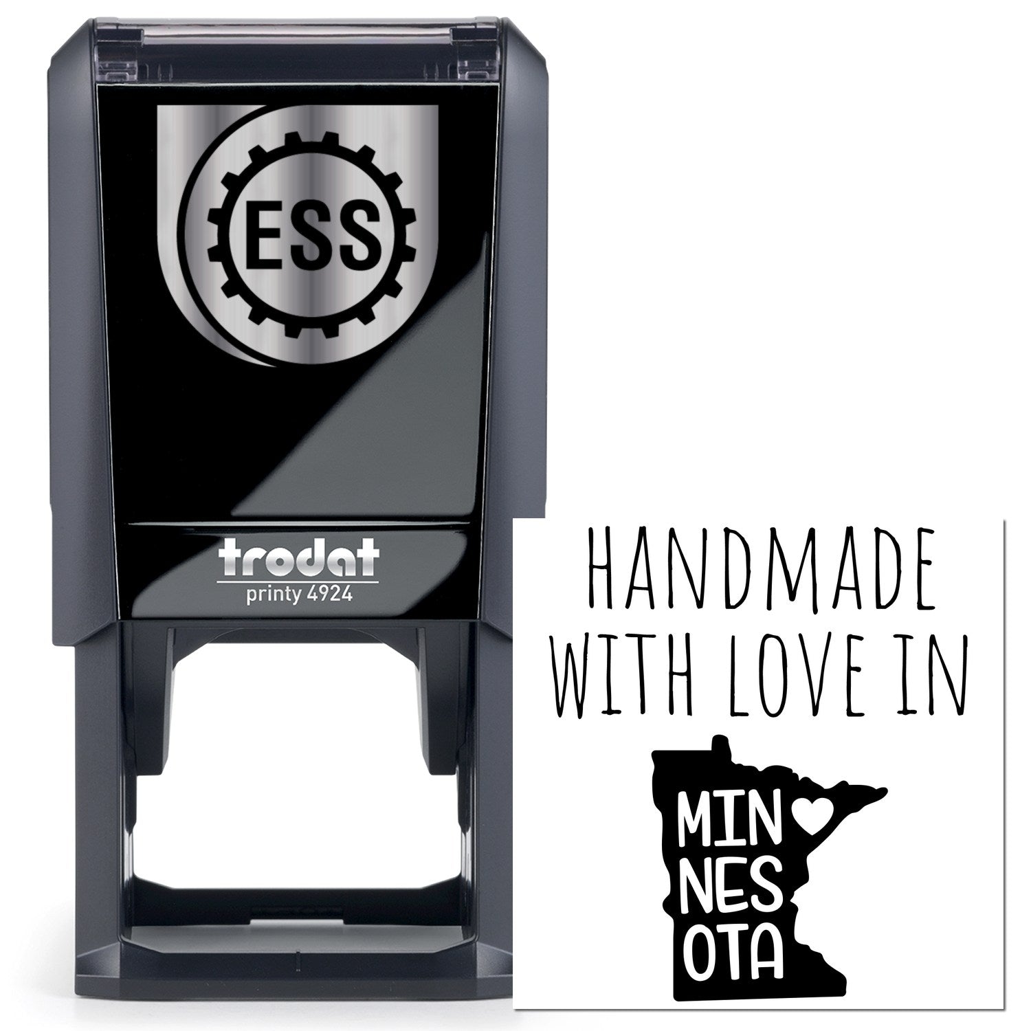 Self-Inking Minnesota Handmade with Love Stamp featuring a black Trodat printy 4924 with Handmade with Love in Minnesota text and state outline. Perfect for crafts and personalized projects.