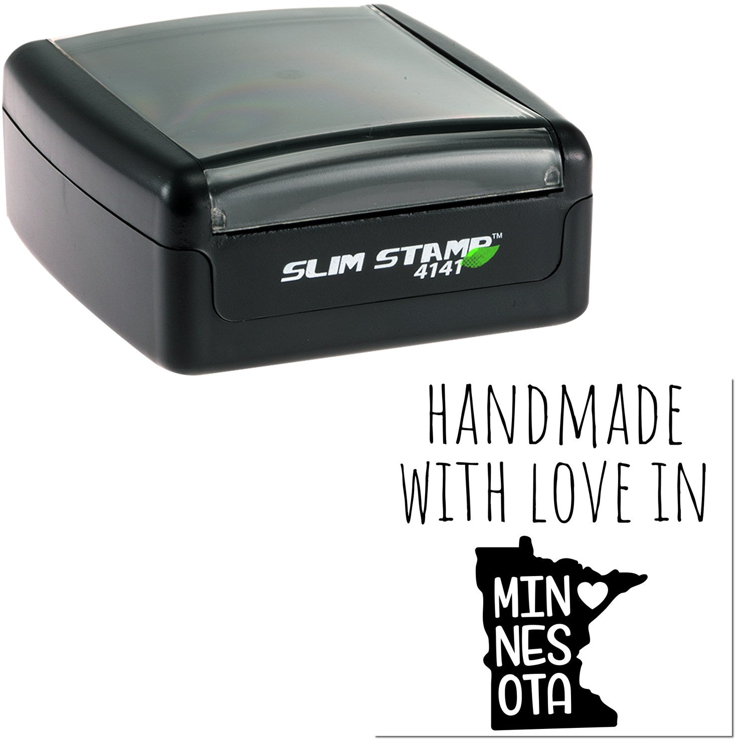 Handmade with Love in Minnesota Slim Pre-Inked Stamp, black casing, compact design, featuring 'Slim Stamp 4141' logo and Minnesota state outline with heart graphic.