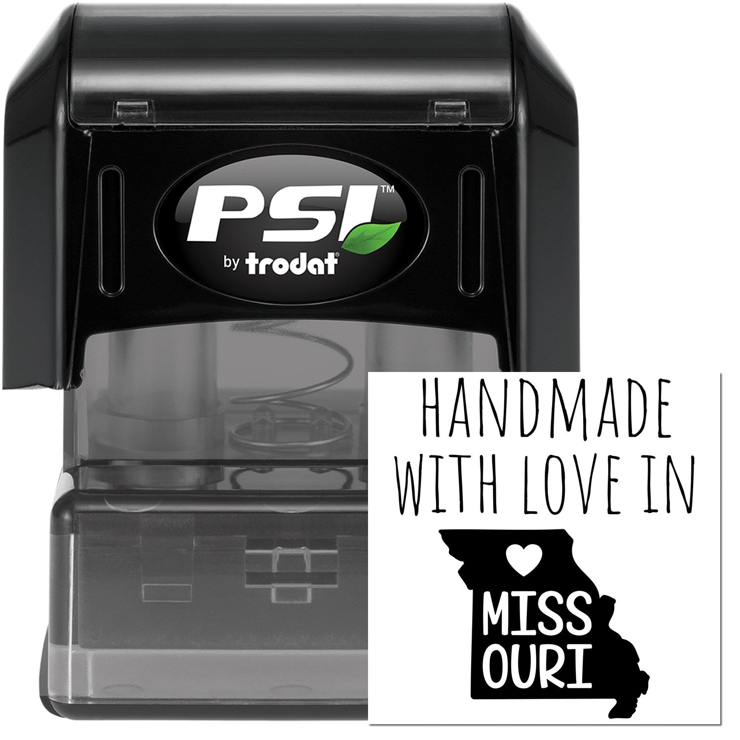 PSI Pre-Inked Handmade with Love in Missouri stamp, featuring a black casing and a design with the state outline and heart symbol.