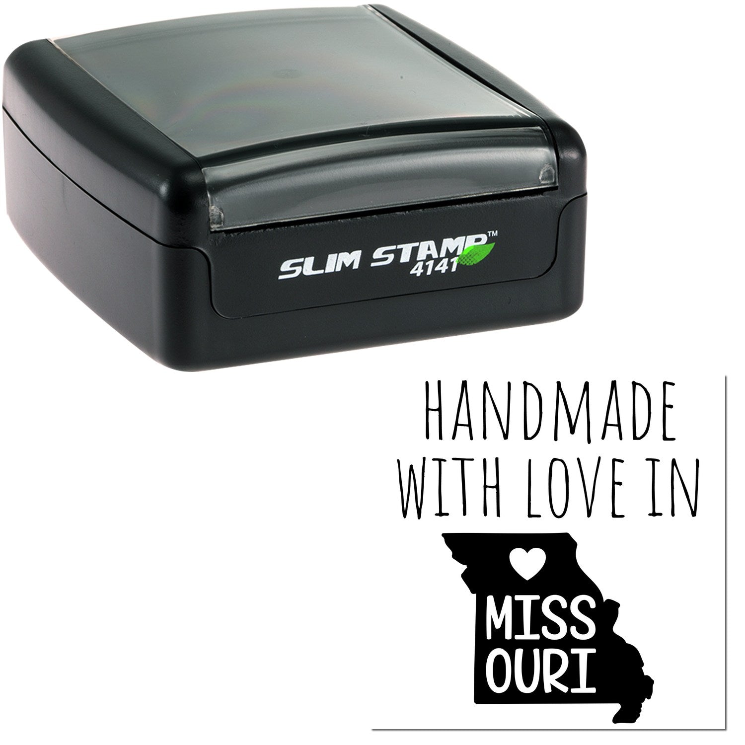 Handmade with Love in Missouri Slim Pre-Inked Stamp, featuring a sleek black design with 'Slim Stamp 4141' branding, perfect for personalized stamping needs.