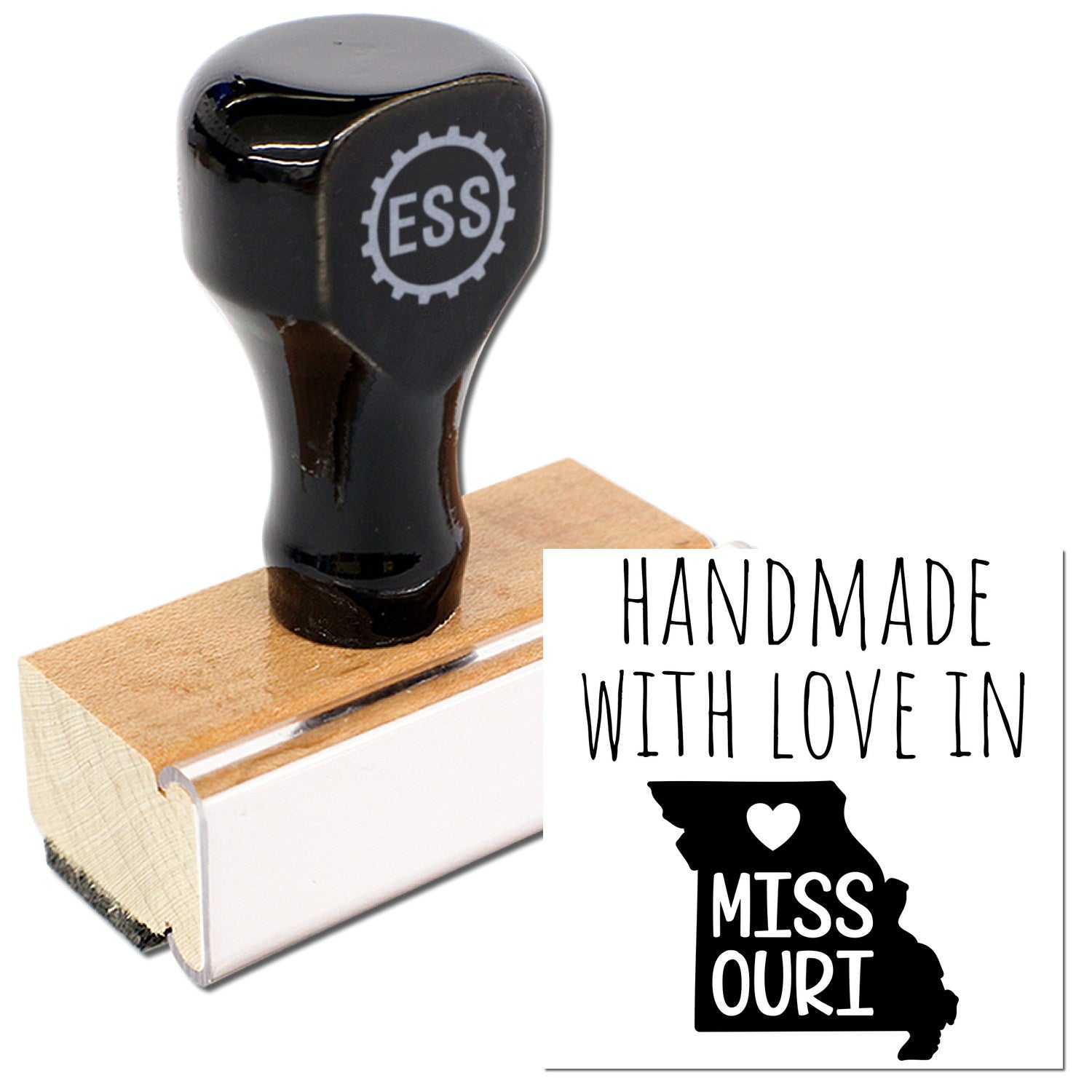 Wood Handle Missouri Handmade with Love Rubber Stamp featuring a black handle and wooden base, alongside a stamped image of Missouri with Handmade with Love text.