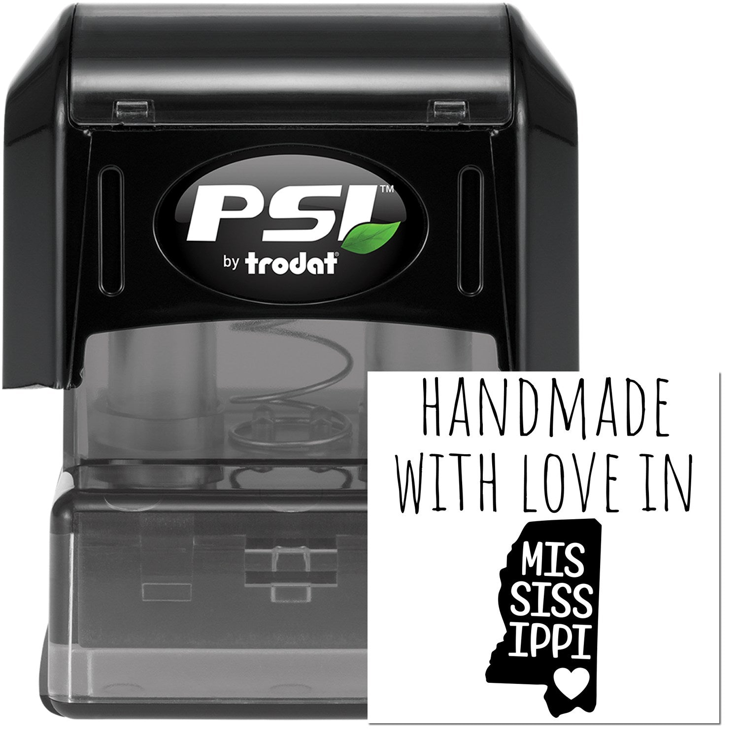 PSI Pre-Inked Handmade with Love in Mississippi stamp, featuring a black casing and a design with the state outline and heart. Perfect for personalized stamping needs.