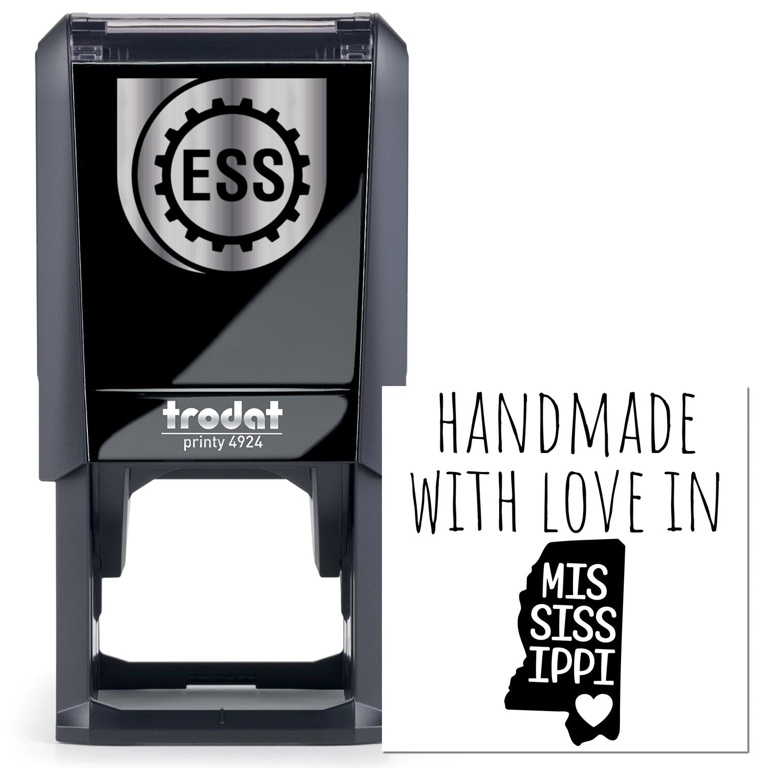 Self-Inking Mississippi Handmade with Love Stamp featuring a sleek black design and Handmade with Love in Mississippi text, perfect for adding a personal touch to crafts and stationery.