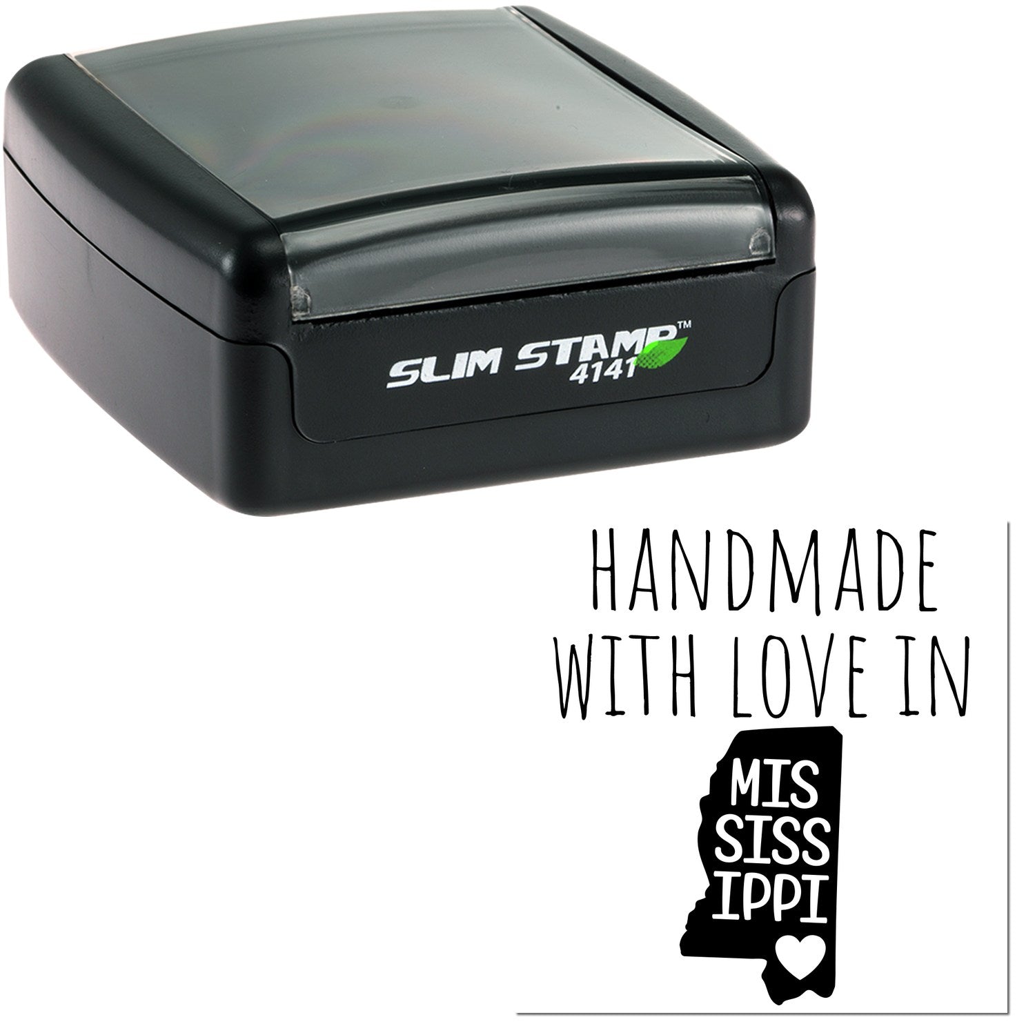 Handmade with Love in Mississippi Slim Pre-Inked Stamp, black casing, compact design, featuring 'Slim Stamp 4141' logo. Ideal for personalized stamping needs.