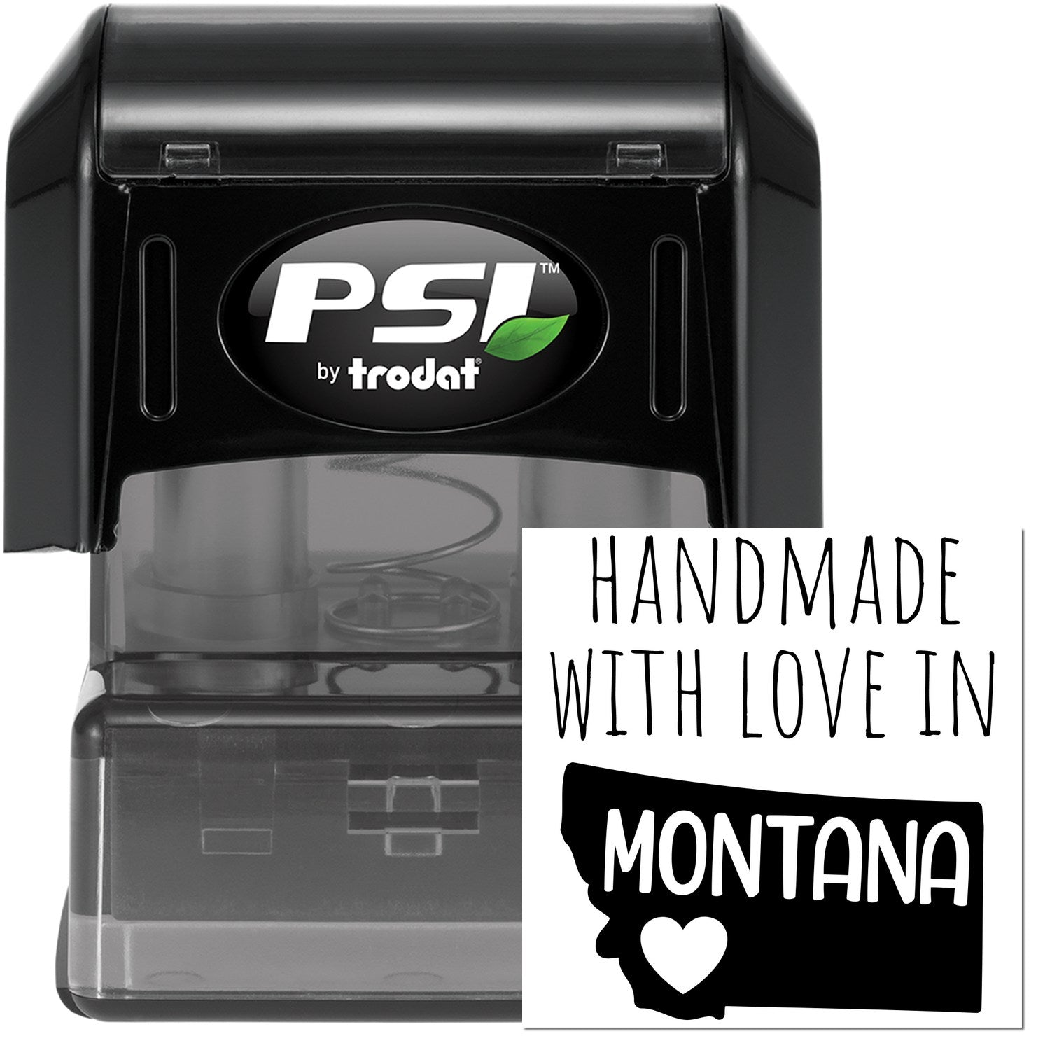 PSI Pre-Inked Handmade with Love in Montana stamp, featuring a black casing and a design with Handmade with Love in Montana text and a heart over the state outline.