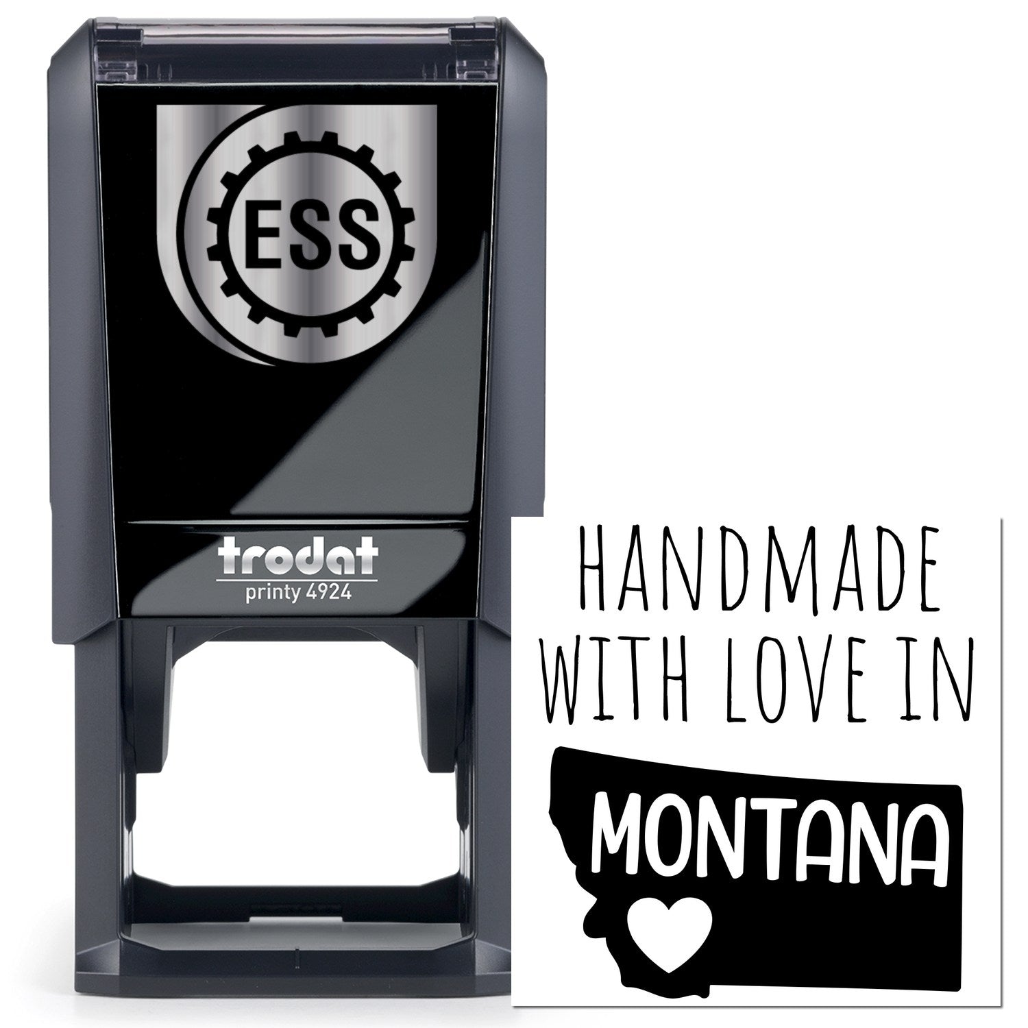 Self-Inking Montana Handmade with Love Stamp featuring a sleek black design, ESS logo, and Handmade with Love in Montana text. Perfect for adding a personal touch to crafts and gifts.