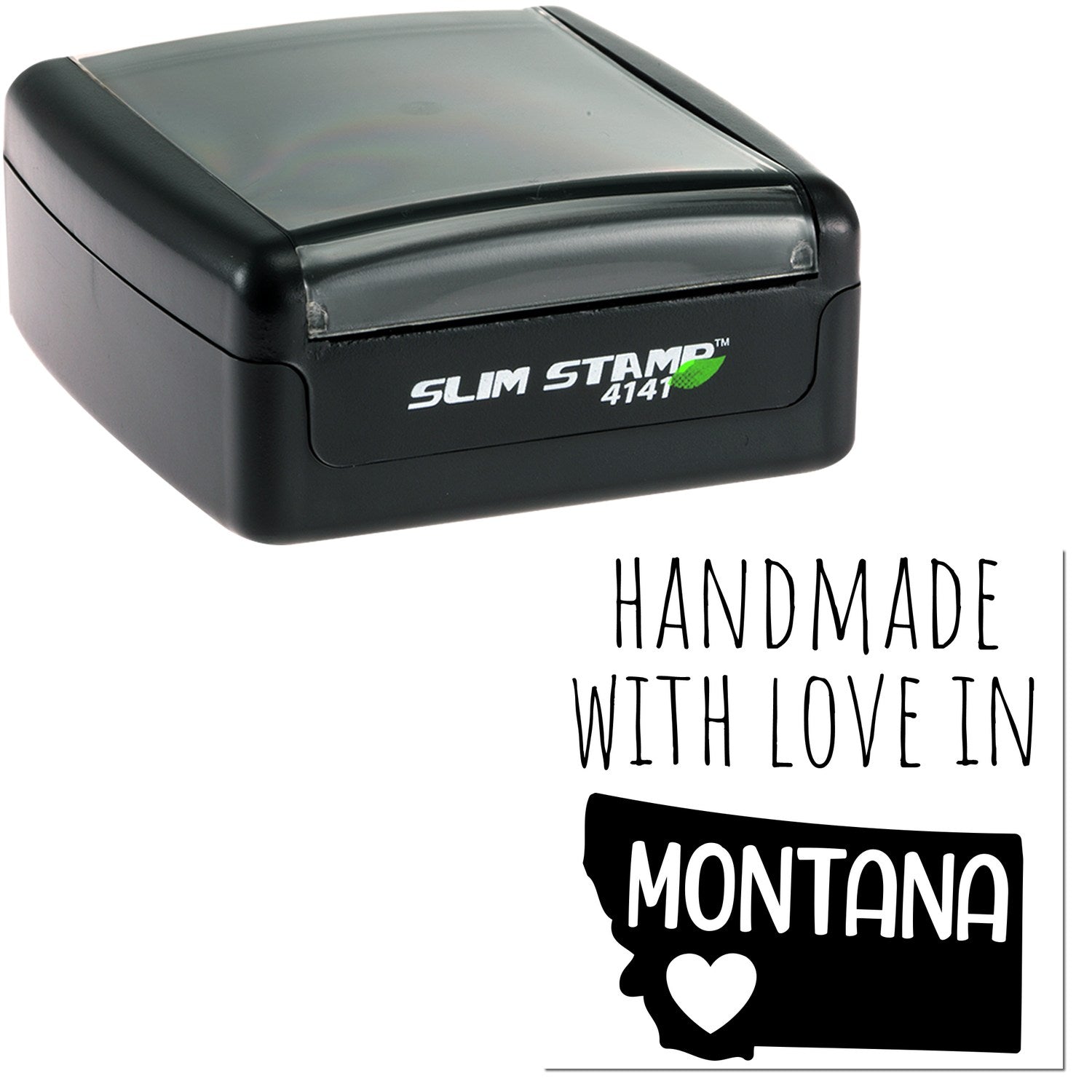 Handmade with Love in Montana Slim Pre-Inked Stamp, featuring a compact black design with 'Slim Stamp 4141' branding and a heart over a Montana map graphic.