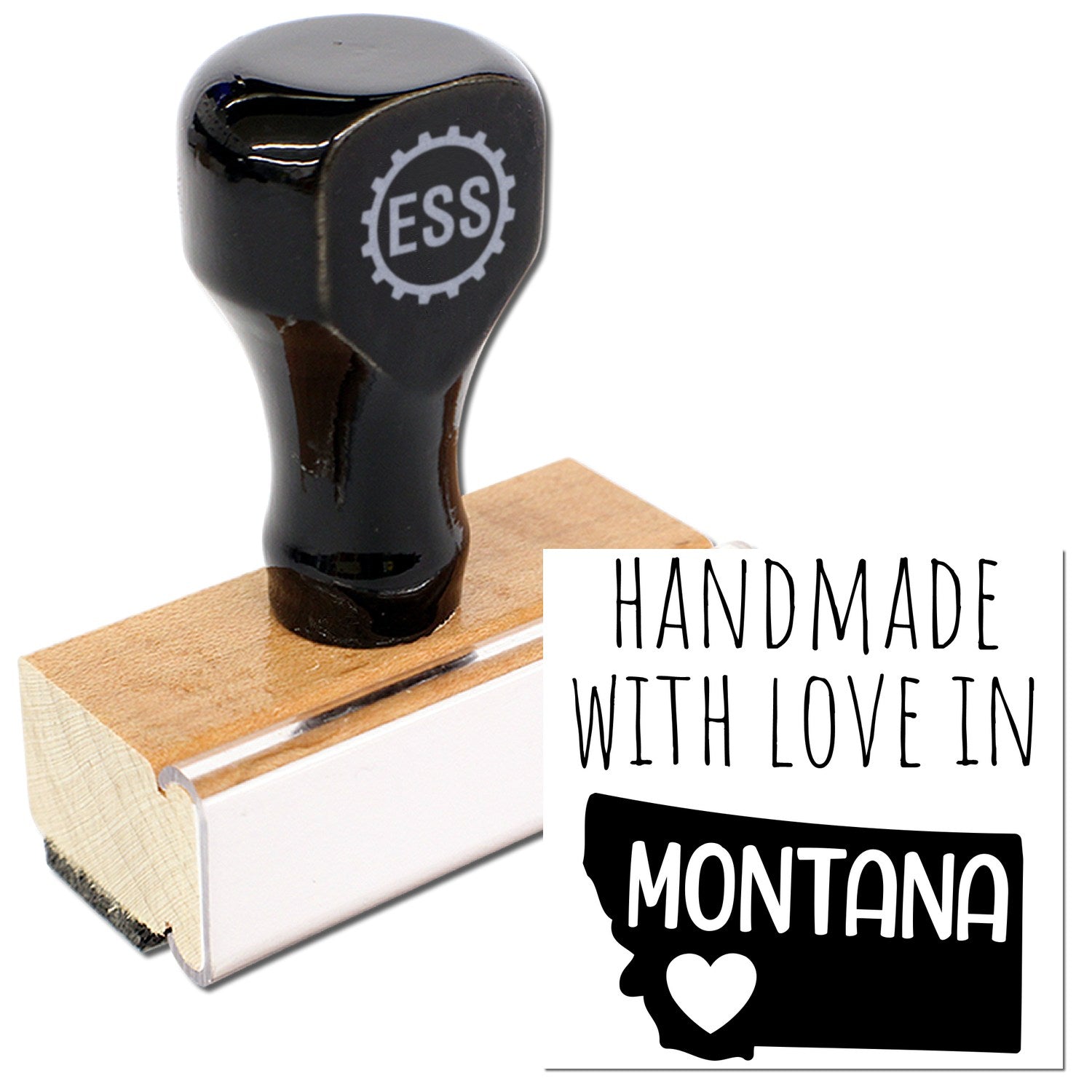 Wood Handle Montana Handmade with Love Rubber Stamp featuring a black handle and wooden base, showcasing Handmade with Love in Montana text and state outline. Perfect for crafts and gifts.