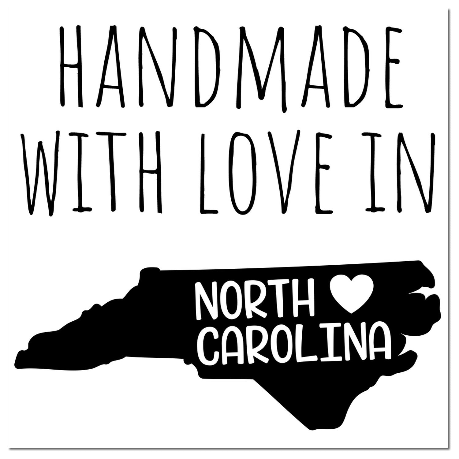 Handmade with Love in North Carolina Slim Pre-Inked Stamp featuring a black silhouette of North Carolina with a heart, perfect for adding a personal touch to crafts and gifts.