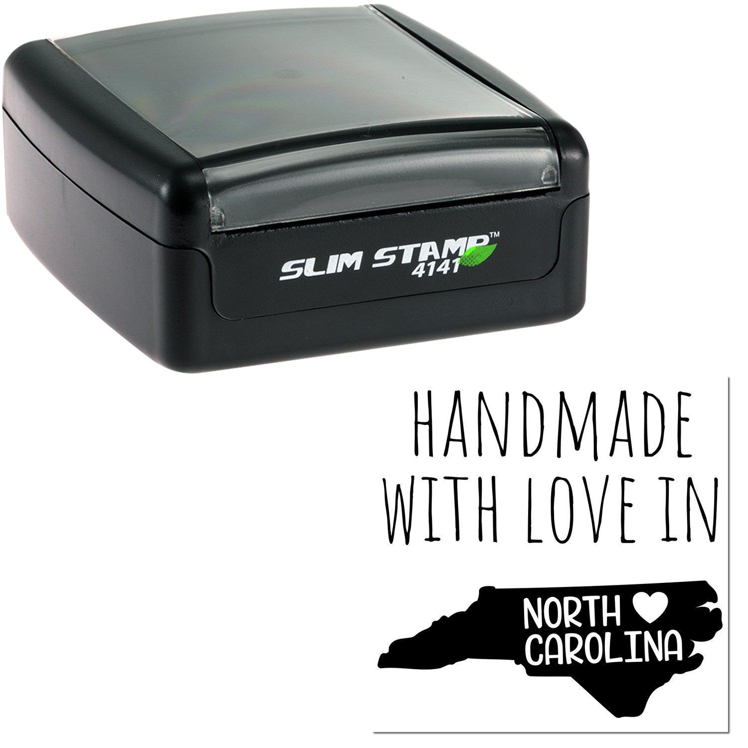 Handmade with Love in North Carolina Slim Pre-Inked Stamp, featuring a sleek black design with 'Slim Stamp 4141' branding, and a map outline of North Carolina with a heart.