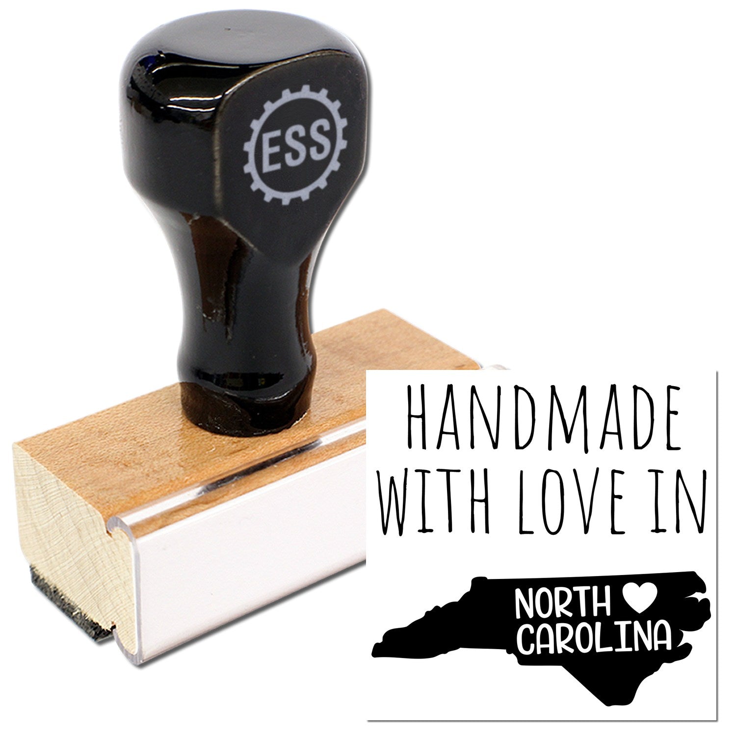 Wood Handle North Carolina Handmade with Love Rubber Stamp featuring a black top with ESS logo, wooden base, and Handmade with Love in North Carolina text beside a state silhouette.