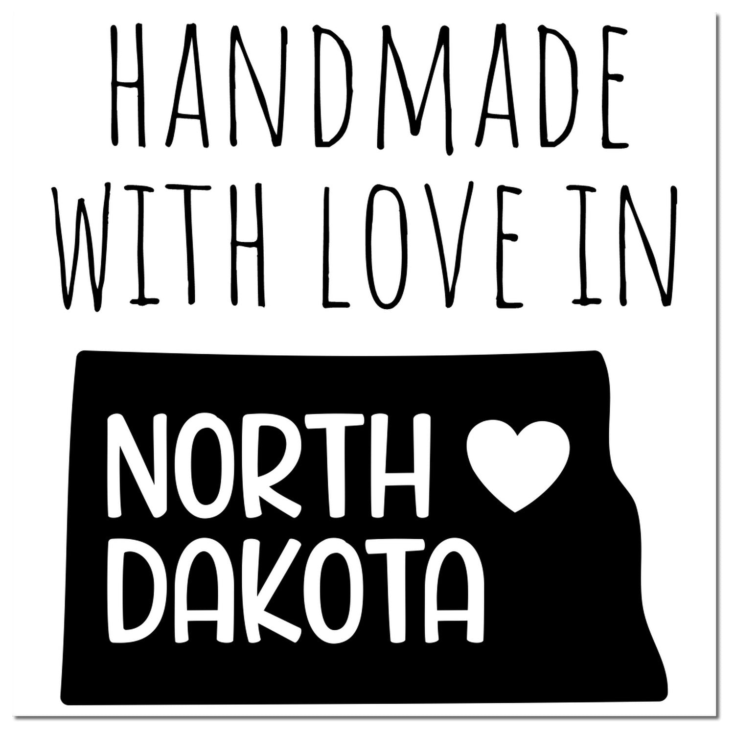 Wood Handle North Dakota Handmade with Love Rubber Stamp featuring a heart and state outline, perfect for crafts and gifts.