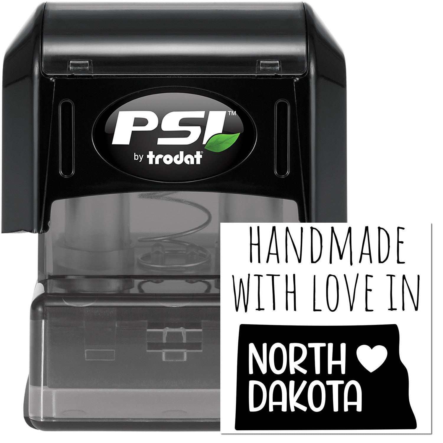 PSI Pre-Inked Handmade with Love in North Dakota stamp, featuring a sleek black design and clear imprint area, perfect for personalized stamping needs.