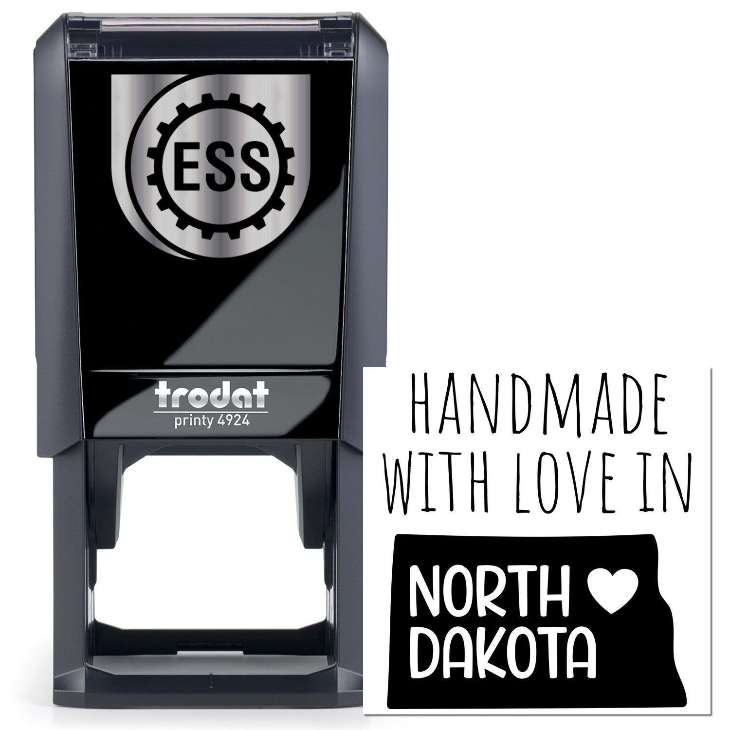 Self-Inking North Dakota Handmade with Love Stamp featuring a sleek black design and ESS logo. Perfect for adding a personal touch to crafts and stationery.